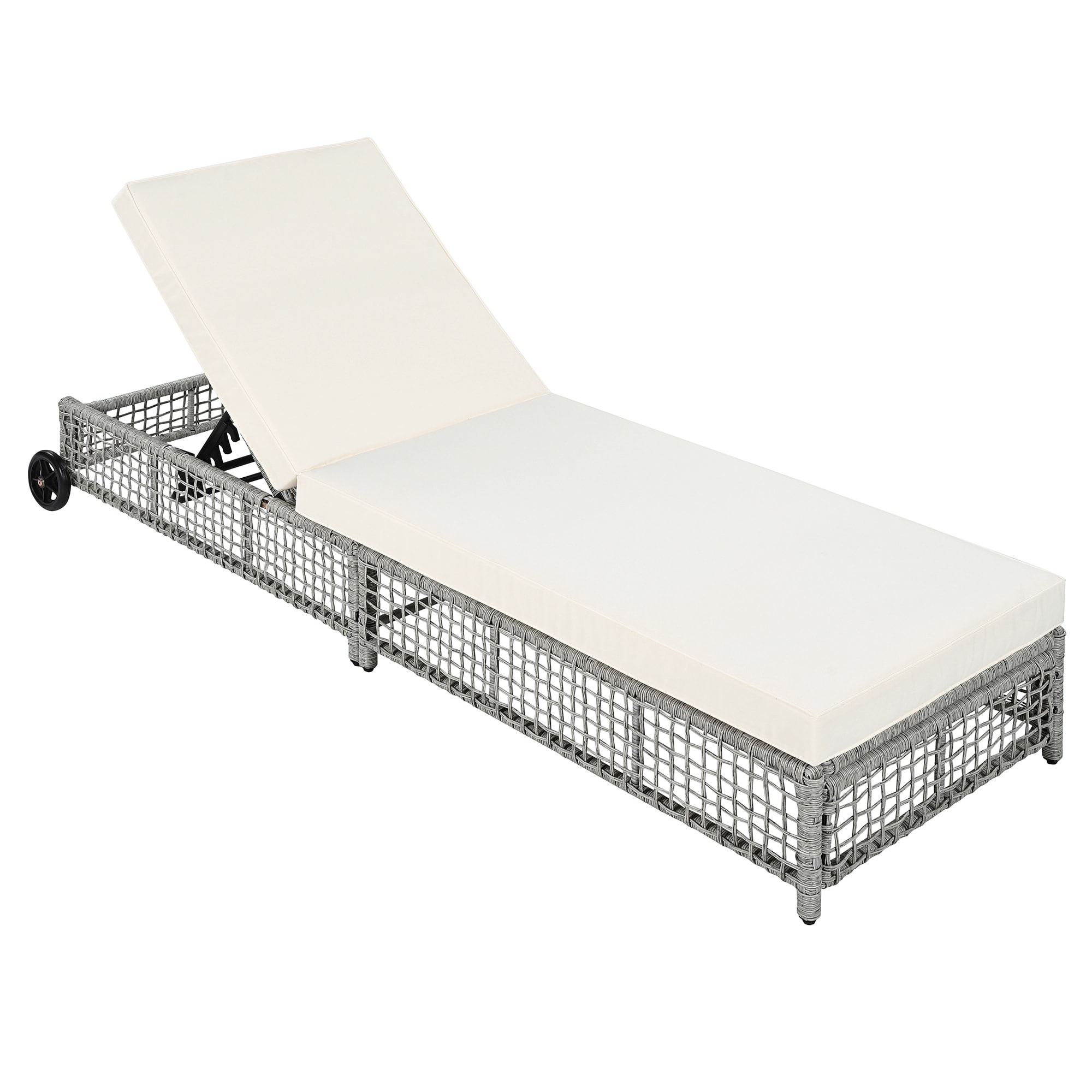 SINOFURN SYA380178GY Rattan Gray Iron Frame Stationary Chaise Lounge Chair with Beige Cushioned Seat