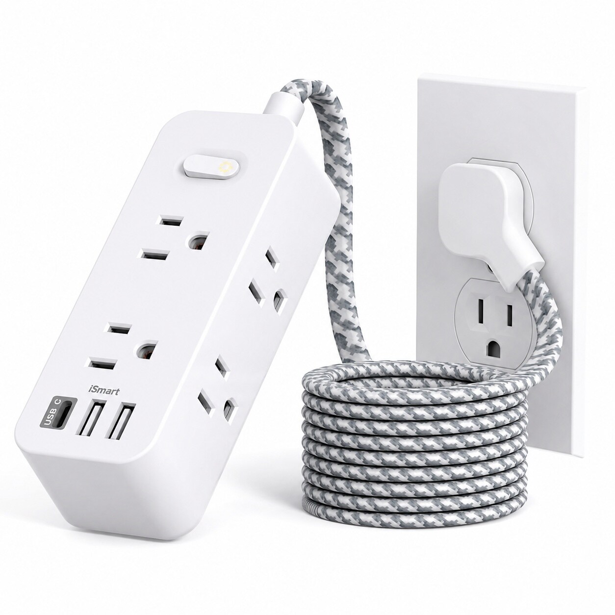 Justincity  15Ft Extension Cord Power Strip with 6 Outlets and 3 USB Ports USB C Wall Mount Flat Plug for Home Office Dorm Room