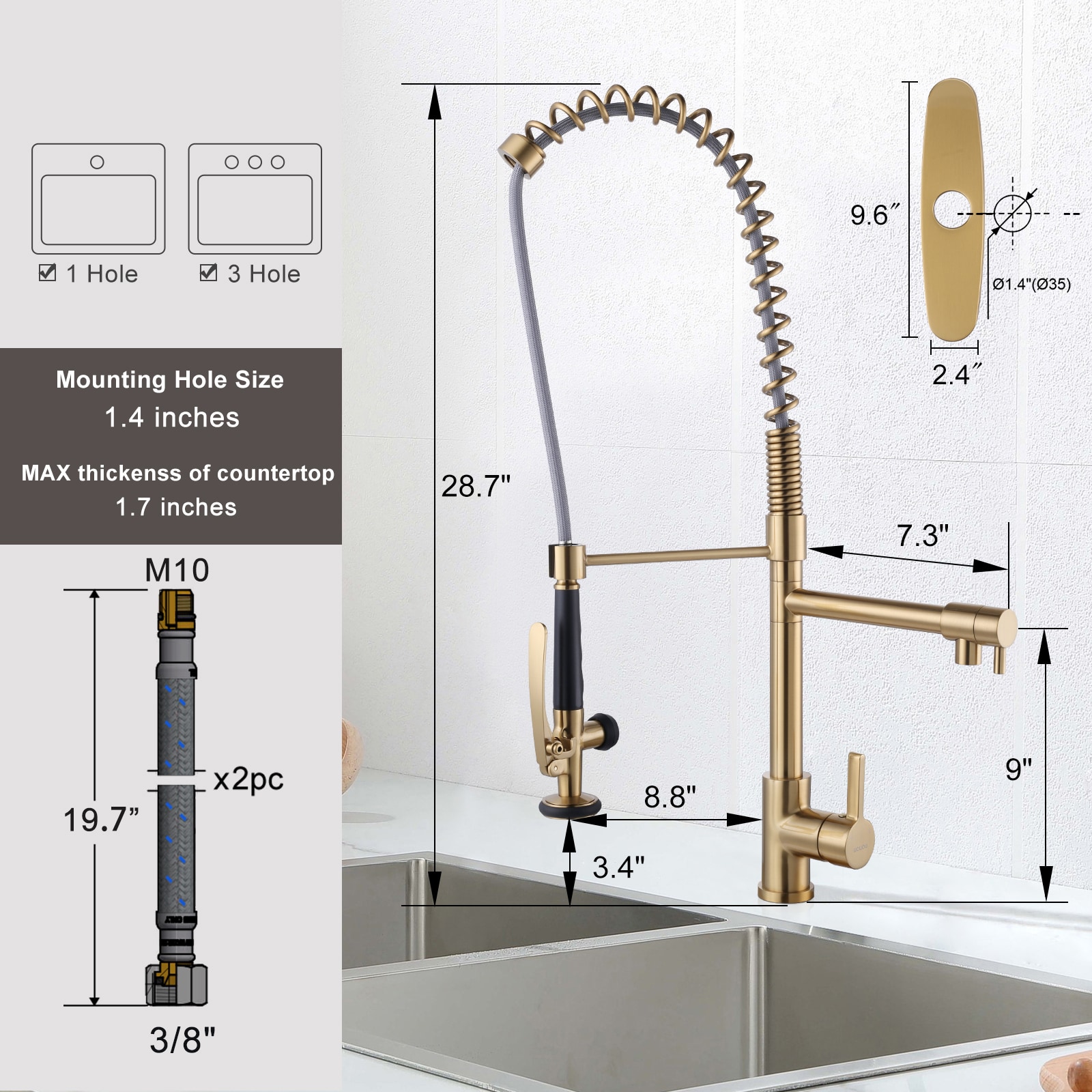 WOWOW Gold Single Handle Pull-down Kitchen Faucet with Sprayer (Deck ...