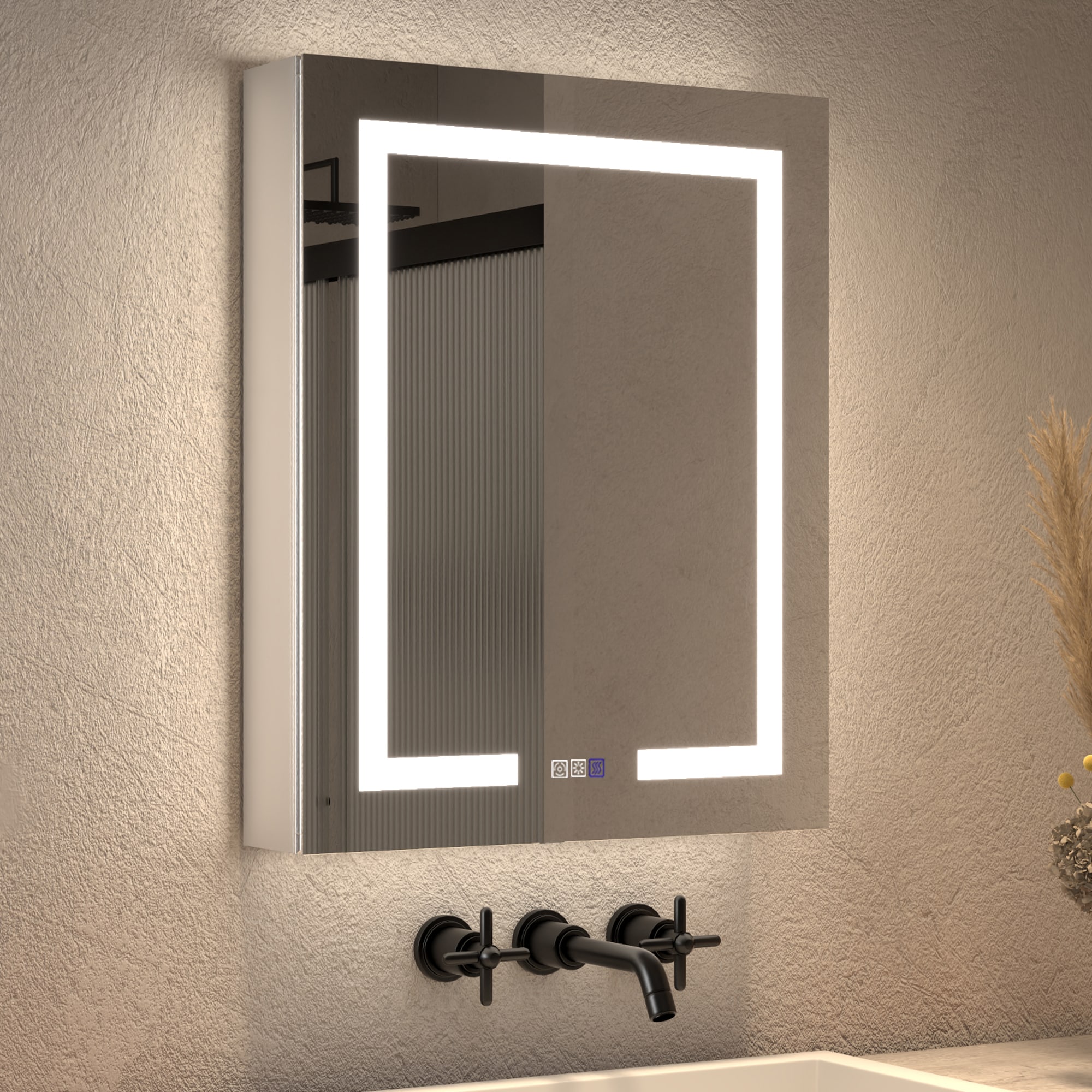 ExBrite DHMC2430V3R Opale 24-in x 30-in Lighted LED Fog Free Surface/Recessed Mount Silvery Gray Mirrored Rectangle Soft Close Medicine Cabinet with Outlet