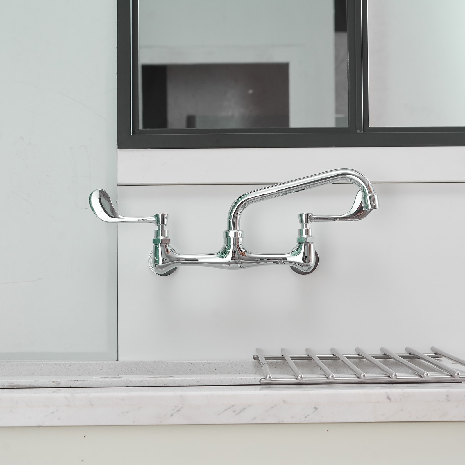 Polished Chrome Double Handle Wall Mount Kitchen Faucet