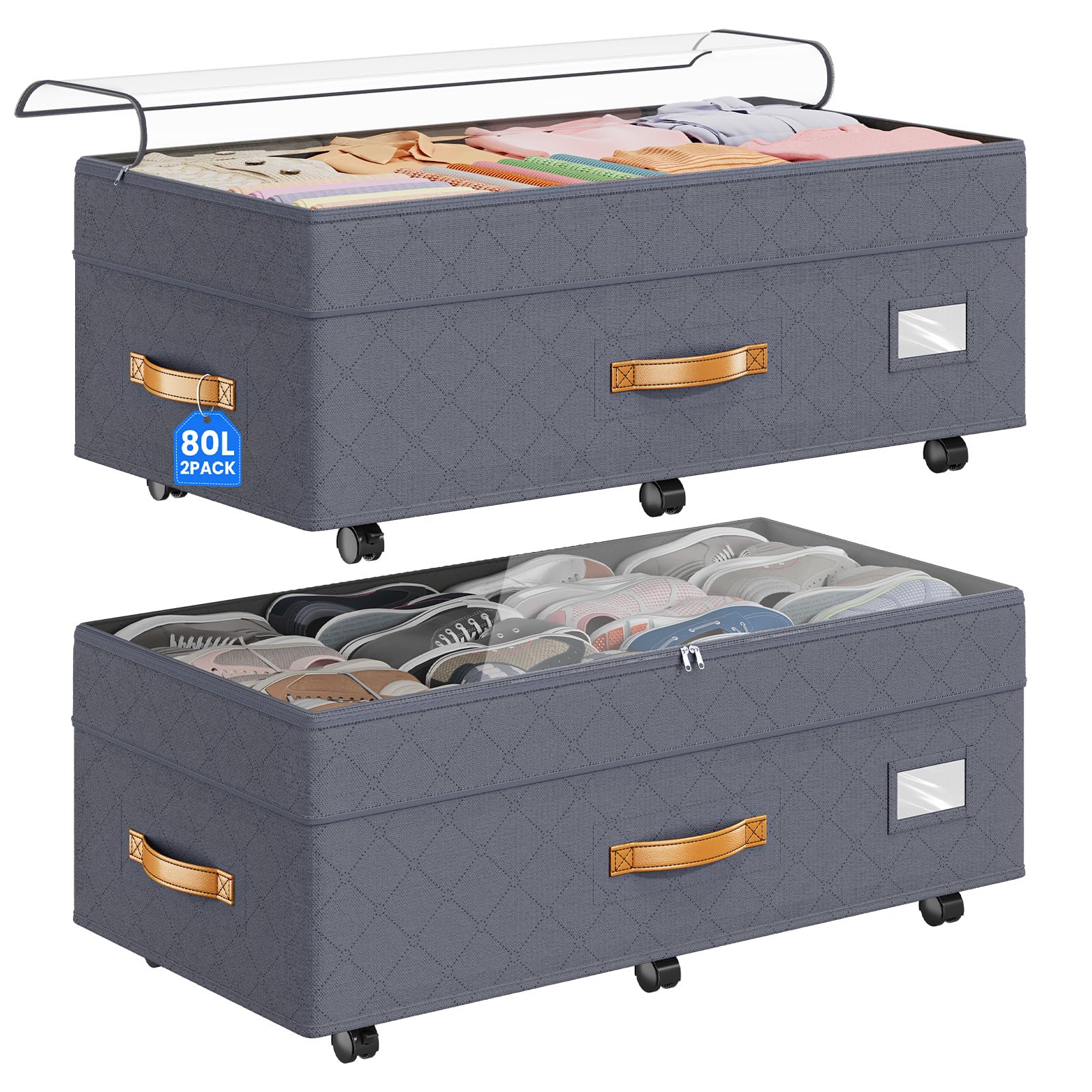 YICSAM Grey 2 Pack Adjustable Under Bed Storage With Wheels Rolling Shoe Organizer For Dorm Home Clothes Blankets