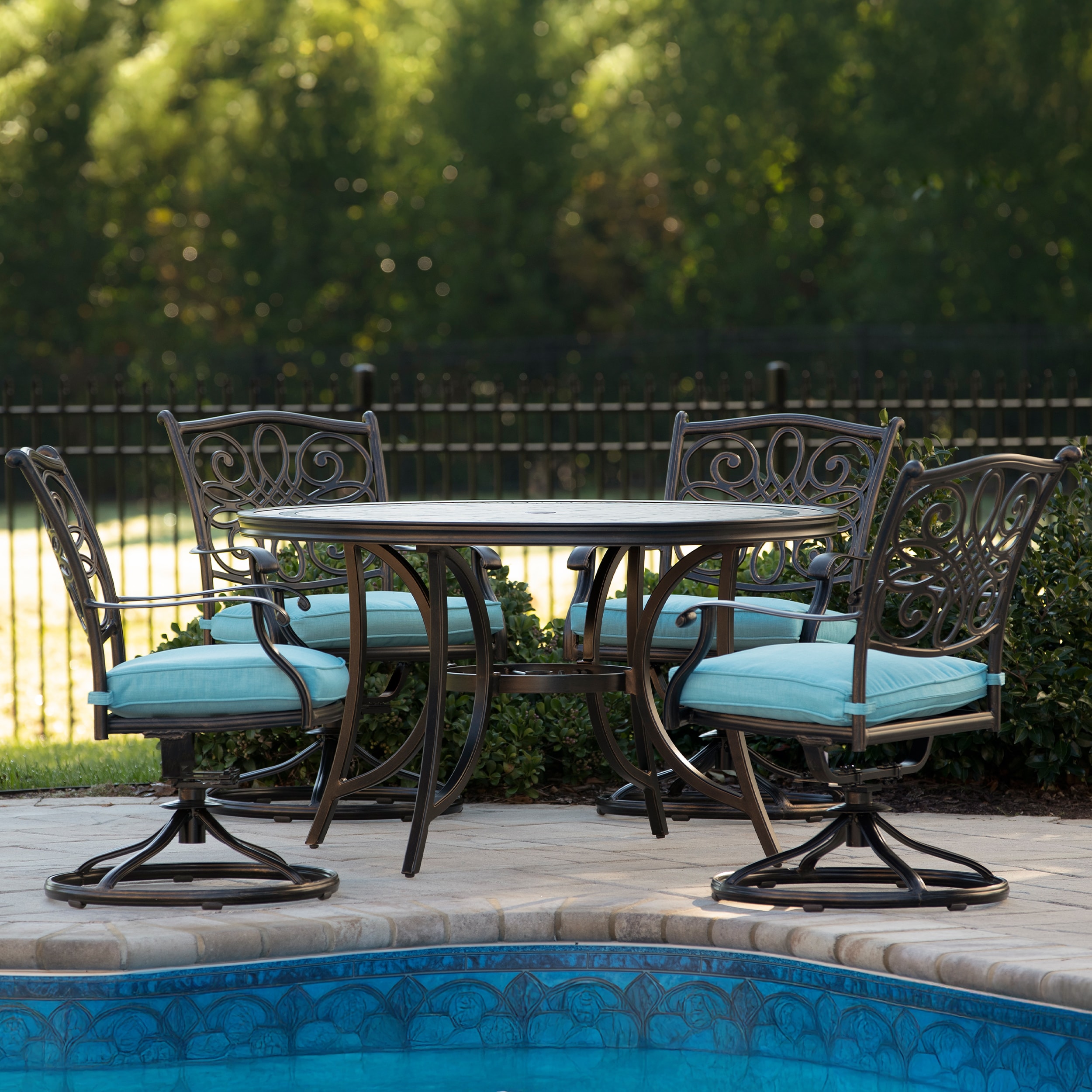Hanover MONDN5PCSW-4-BLU Monaco 5 -Piece Bronze Patio Dining Set Aluminum Round Table with 4 Blue Cushions Swivel Rocker Chairs