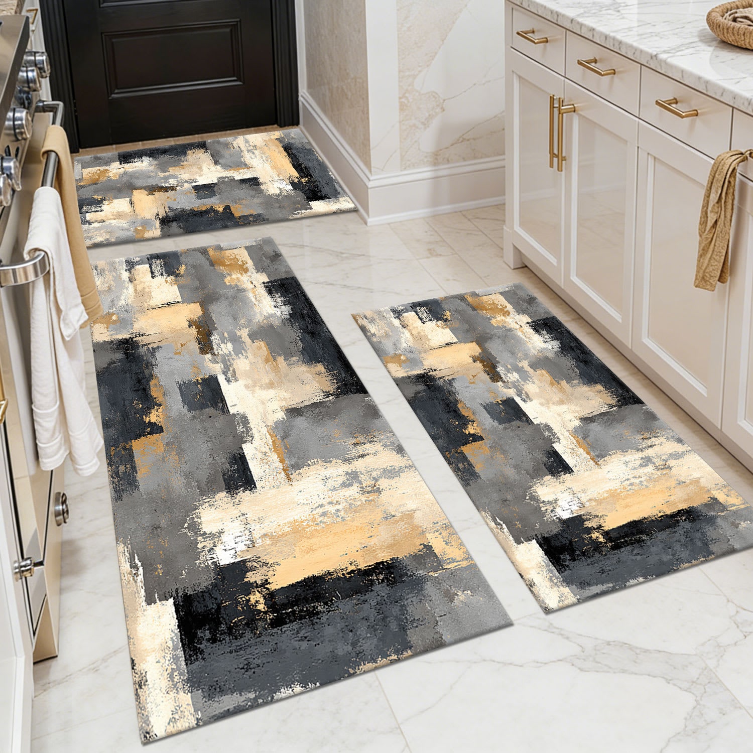 TOBILI  20 X 32in 20 X 47in 20 X 60in Faux Cashmere Gray Beige Rectangular Indoor Contemporary Abstract Brushstroke Block Non Slip Washable Pet Friendly Rug Set of 3 Piece