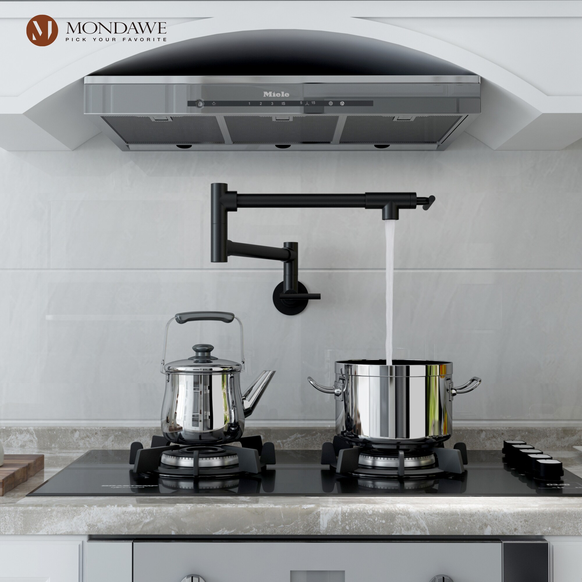 Mondawe Matte Black Double Handle Wall-mount Pot Filler Kitchen Faucet