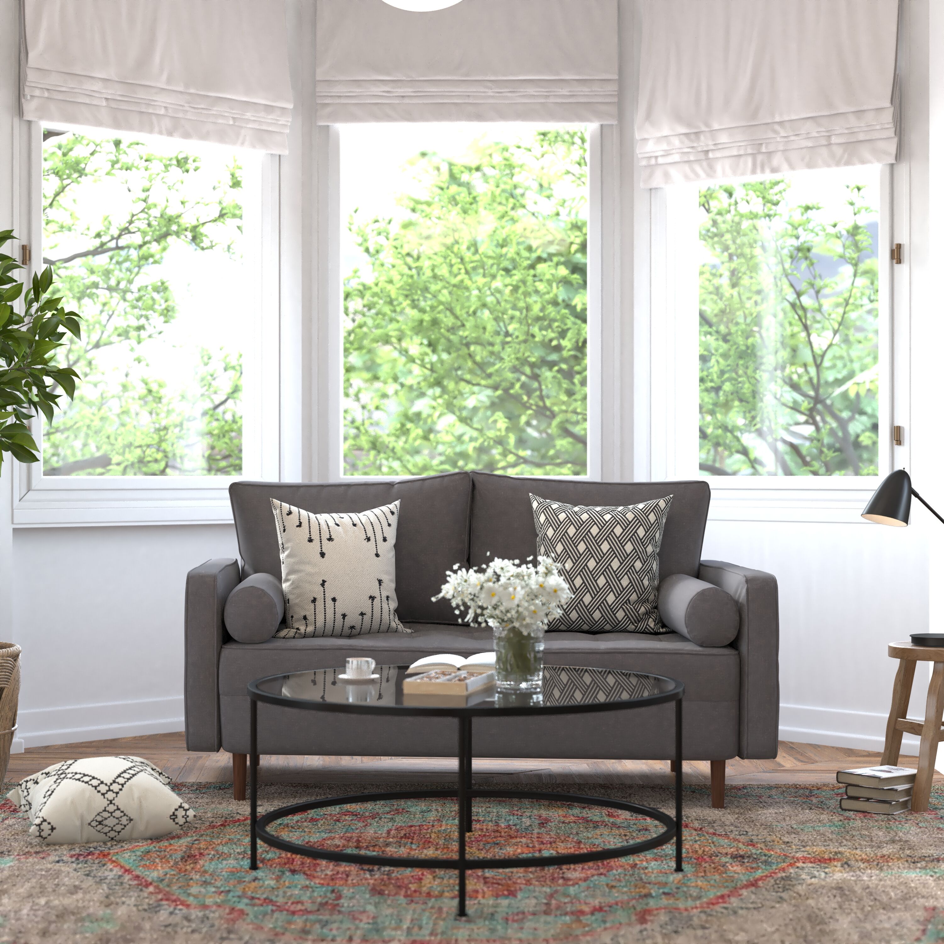 Emma + Oliver - Holden Dark Gray Faux Linen Upholstered Mid-Century Modern Pocket Spring Loveseat...