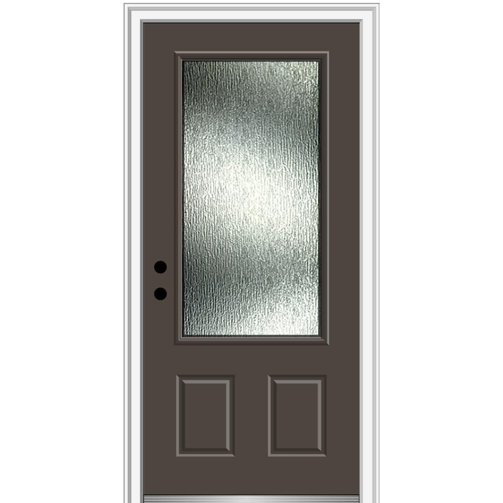 MMI DOOR ZZ367083R Rainglass 36-in x 80-in Fiberglass 3/4 Lite Right-Hand Inswing Brown Painted Prehung Front Door with Brickmould Solid Core