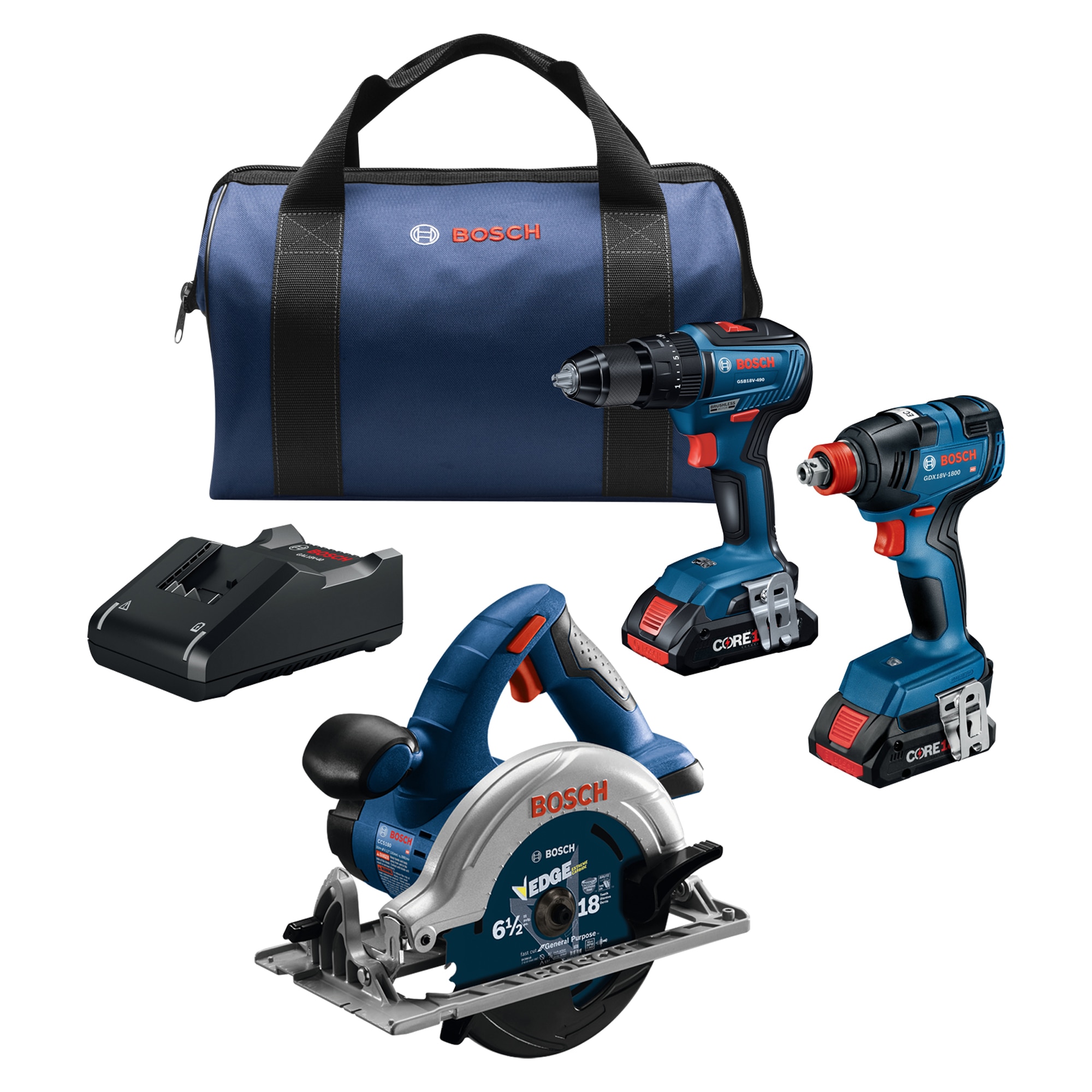 Bosch 18V Brushless 3-Tool Kit w/ Compact Drill/Impact Driver/ Circular Saw with 2x4.0ah Batteries, Charger and Bag