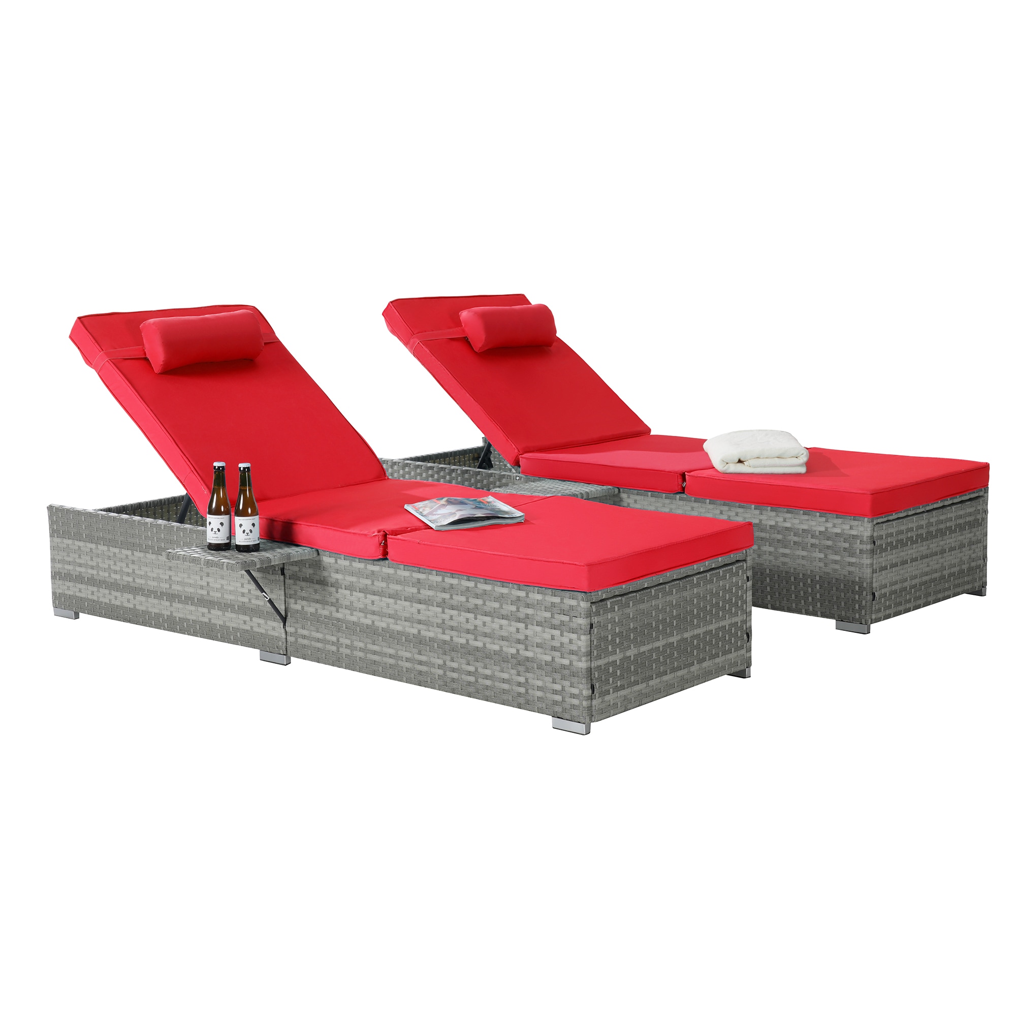 SINOFURN SYB670026RD Set of 2 Rattan Gray Metal Frame Stationary Recliner Chair with Red Cushioned Seat