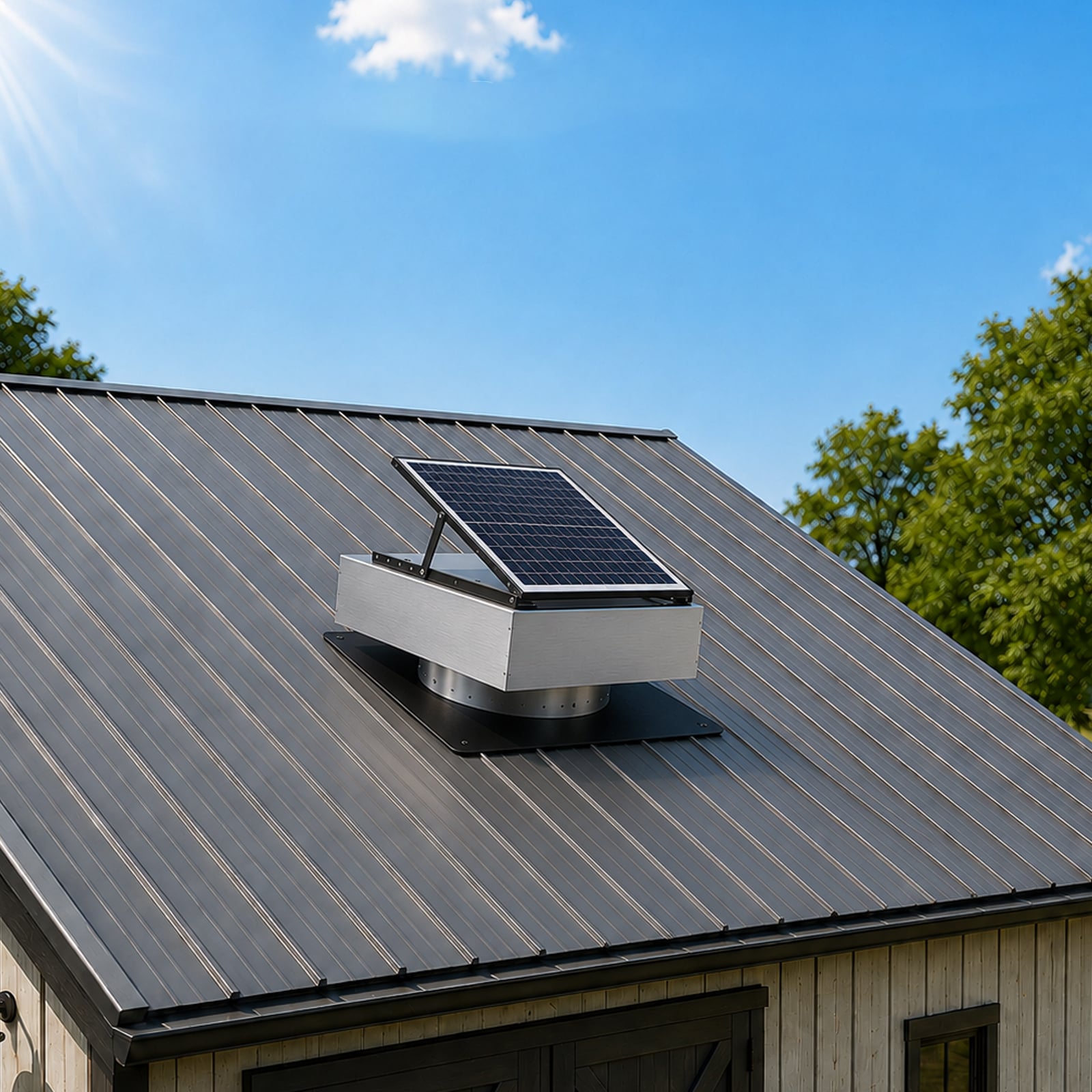 Huluwat 12 in 40W Tilt Adjustable Stainless Steel Solar Roof Vent Fan Dual Power 3-Speed Remote Attic Fan 1200 CFM MPPT Controller Solar Ventilator