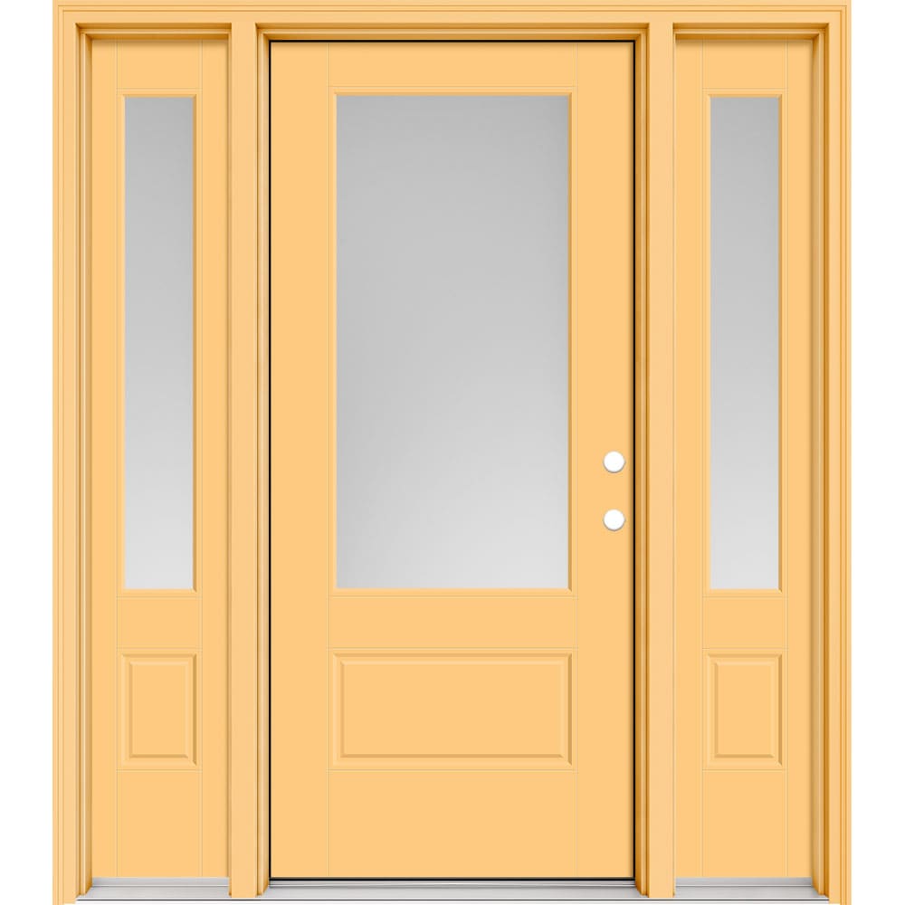 Masonite 630289 Performance Door System 64-in x 80-in x 4-9/16-in Fiberglass 3/4 lite Left-hand inswing Cabana Yellow Painted Prehung Front Door with Sidelights with Brickmould Insulating core