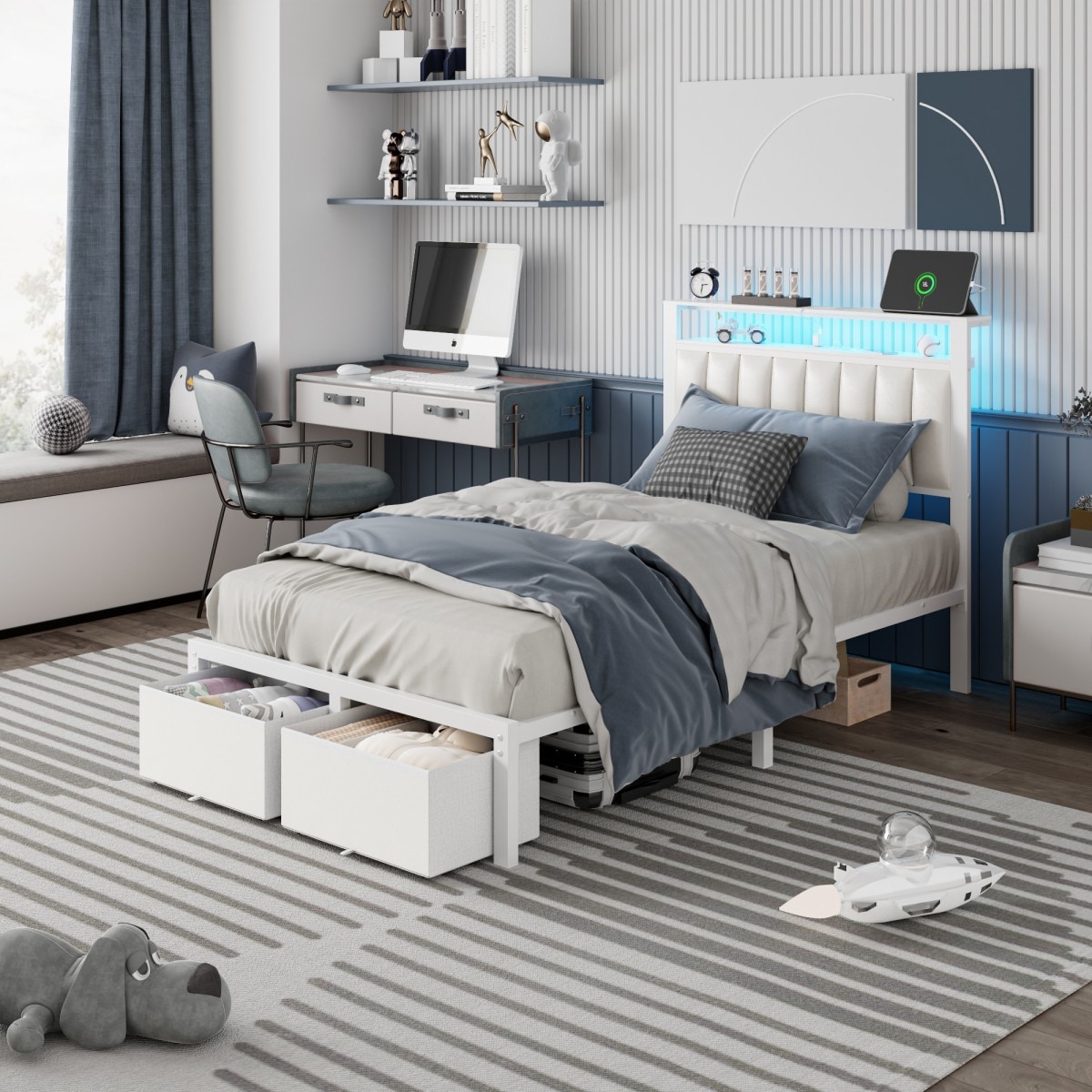 Furologee Twin Size Bed Frame with Charging Station LED Lights Storage ...
