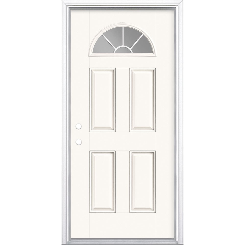 Masonite 1218398 36-in x 80-in x 4-9/16-in Fiberglass 1/4 lite Right-hand inswing Modern White Painted Prehung Front Door with Brickmould Insulating core with Grilles