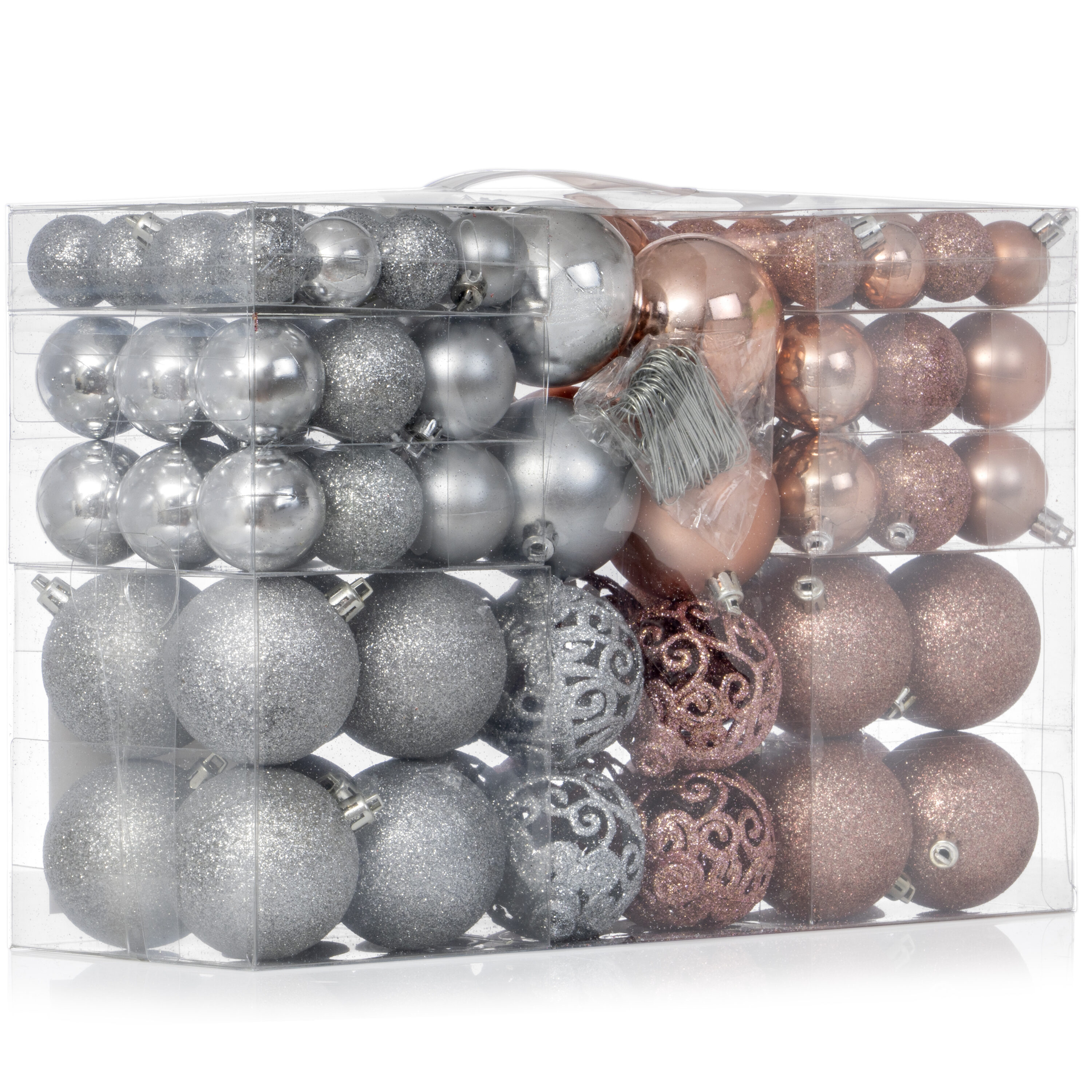 Rose Gold and Silver Shatterproof Christmas Ornament Set with Metal Hooks