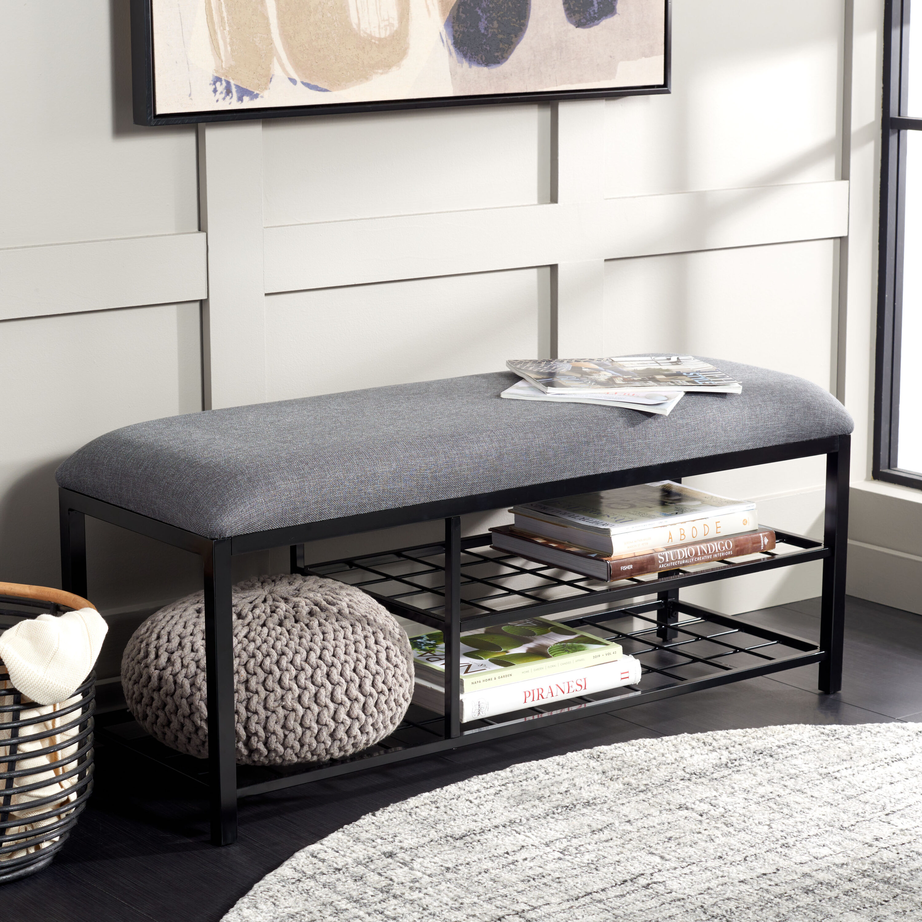 Safavieh BCH5003C Modern Dark Gray/Black Storage Bench with Storage 42-in x 15-in x 18-in