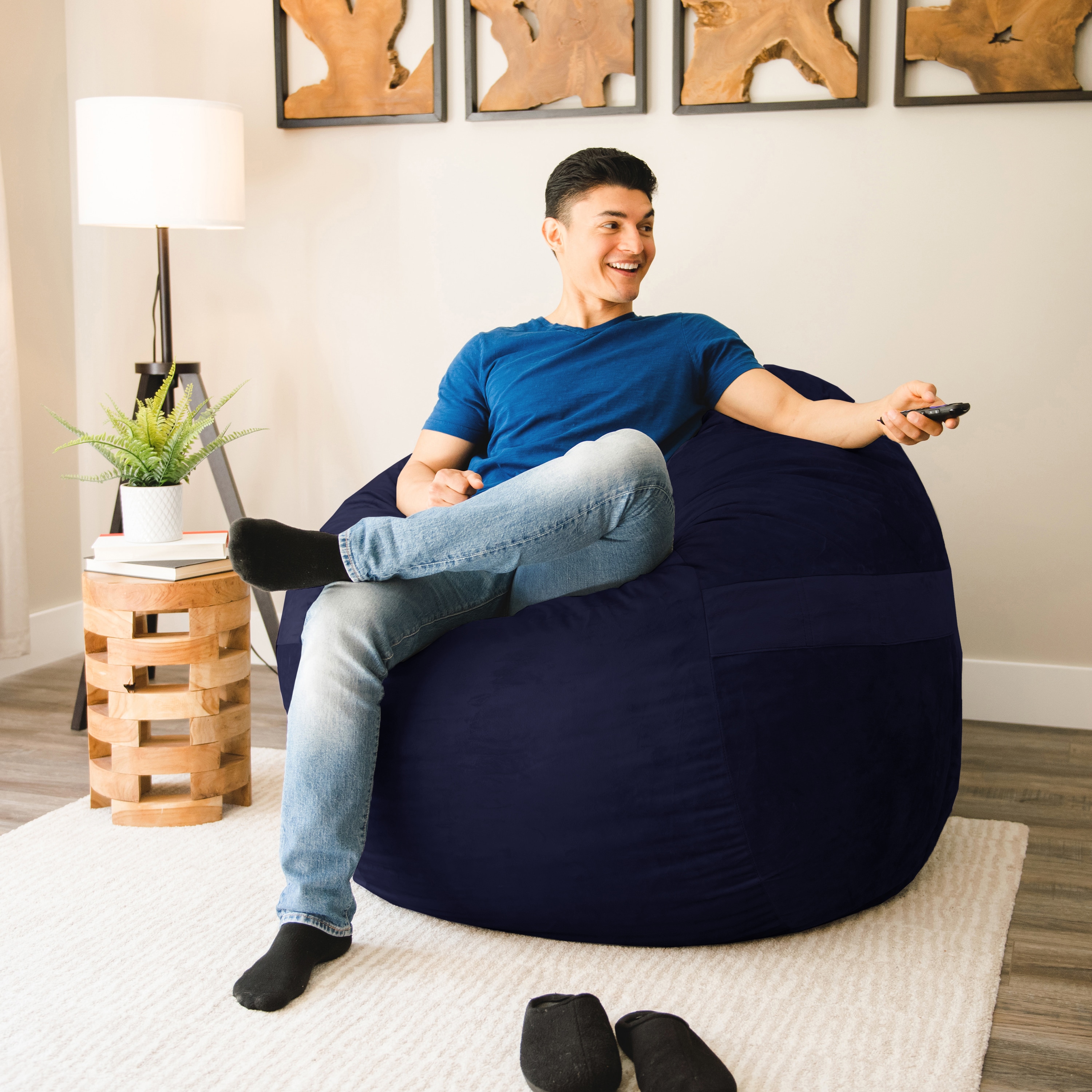 Midnight Blue Large Foam Filled Bean Bag Chair with Removable Plush Cover