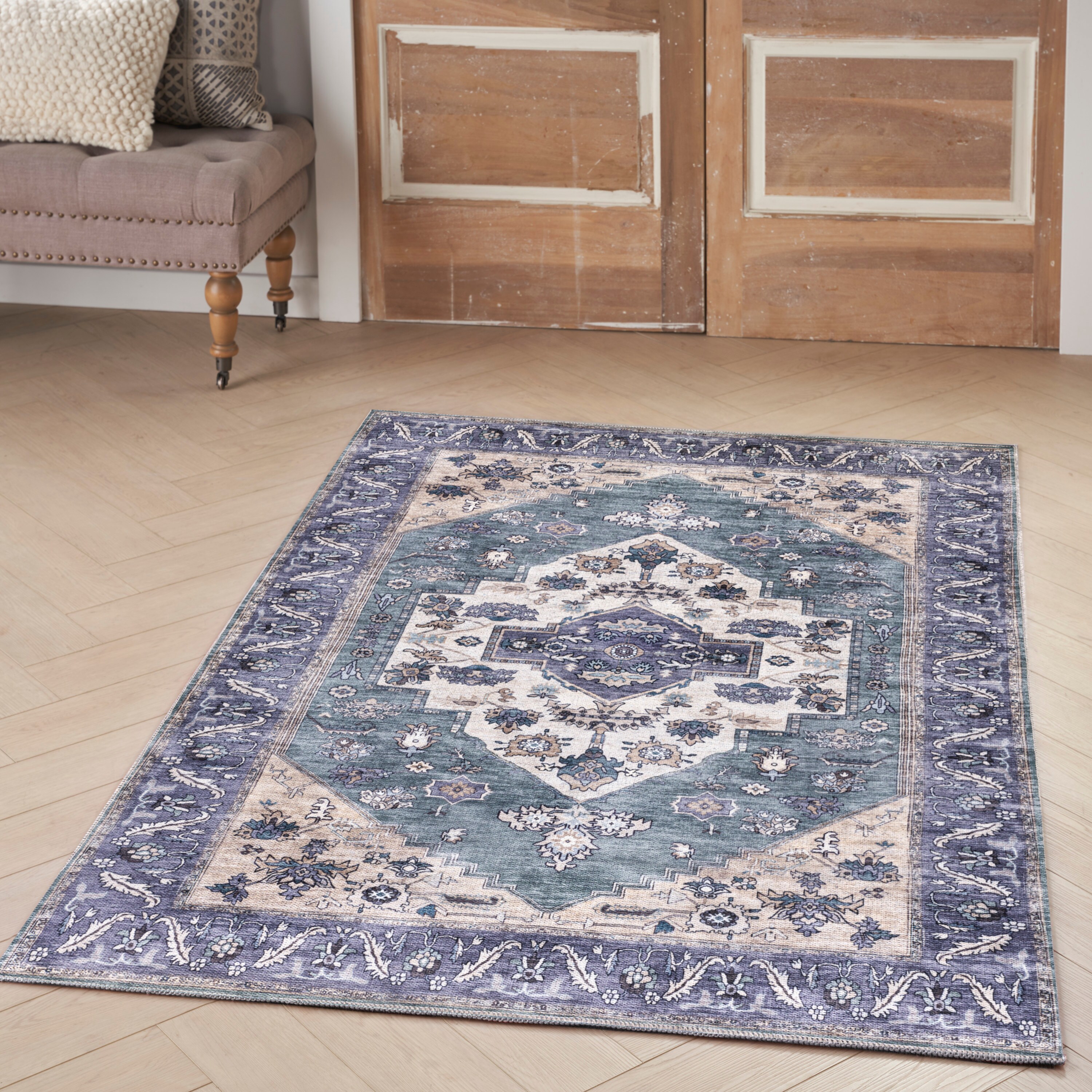Nourison 099446914279 Brilliance Machine Washable 4 x 6 (ft) Loomed Polyester Teal Blue Rectangular Indoor Floral/Botanical Vintage Machine washable Area rug