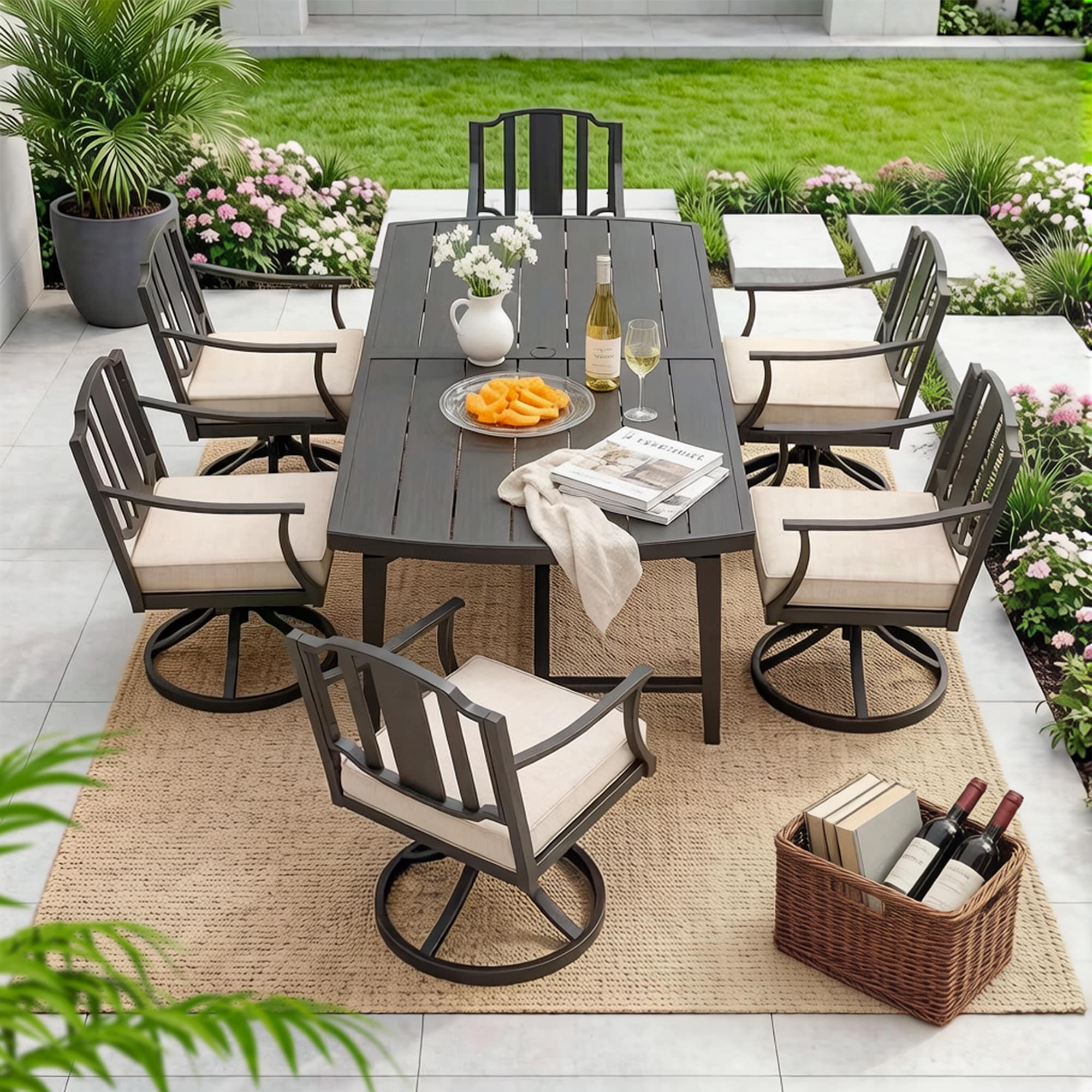 PEAK HOME FURNISHINGS - 7 -Piece Brown Patio Dining Set Aluminum Rectangle Table with 6 Beige Cus...