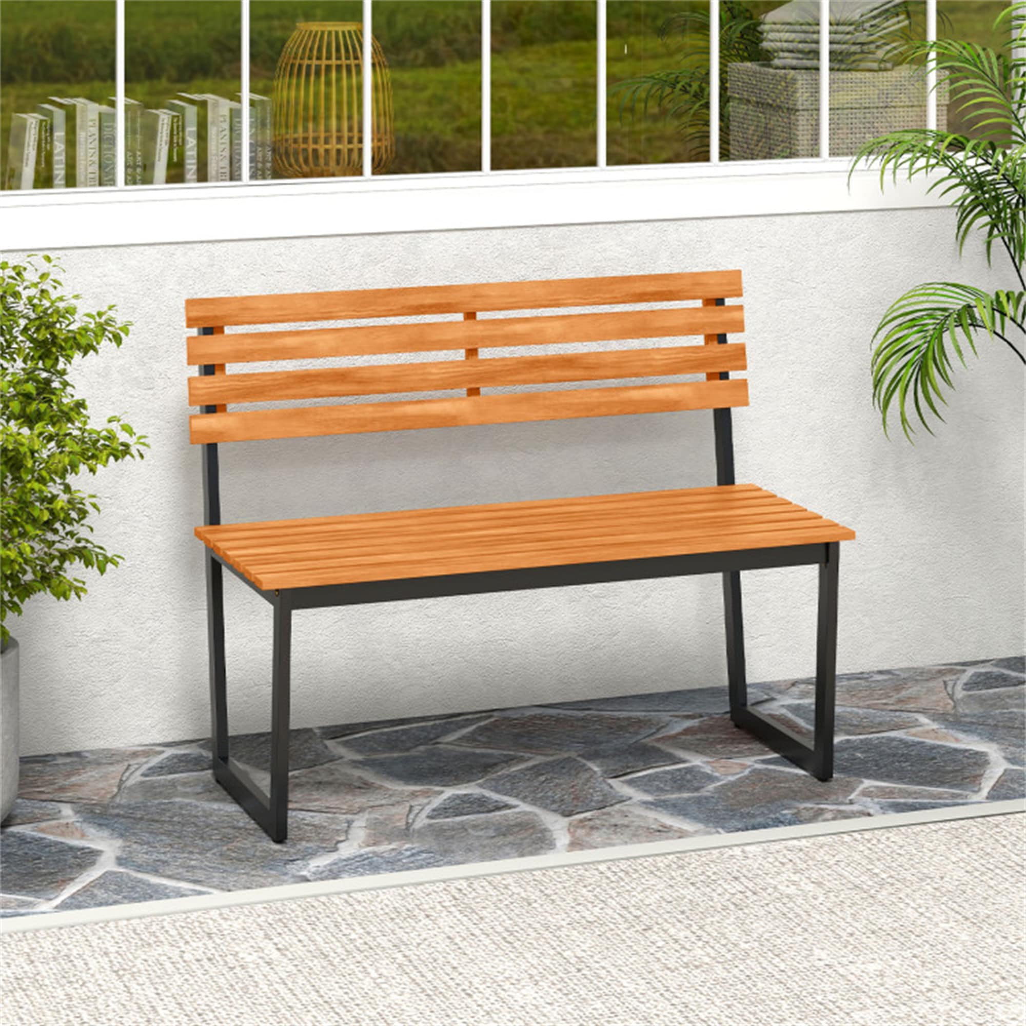BABOOM Natural Outdoor Bench Acacia Wood Patio Loveseat with Backrest