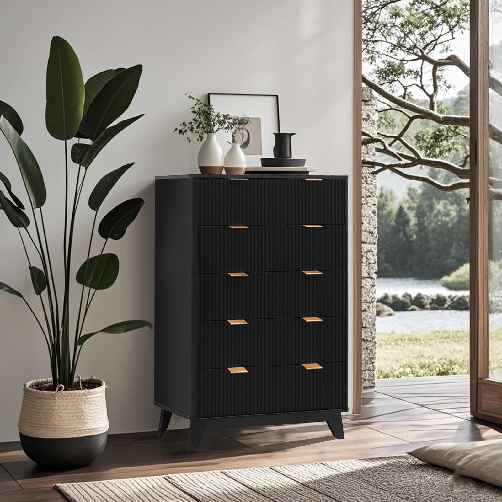 Qeetex NB-PHO33MYLCL5 Fluted 5 Drawer Dresser 48in Tall Wood Chest of Drawers Curved Edge Modern Storage Cabinet for Bedroom Living Room Entryway Black