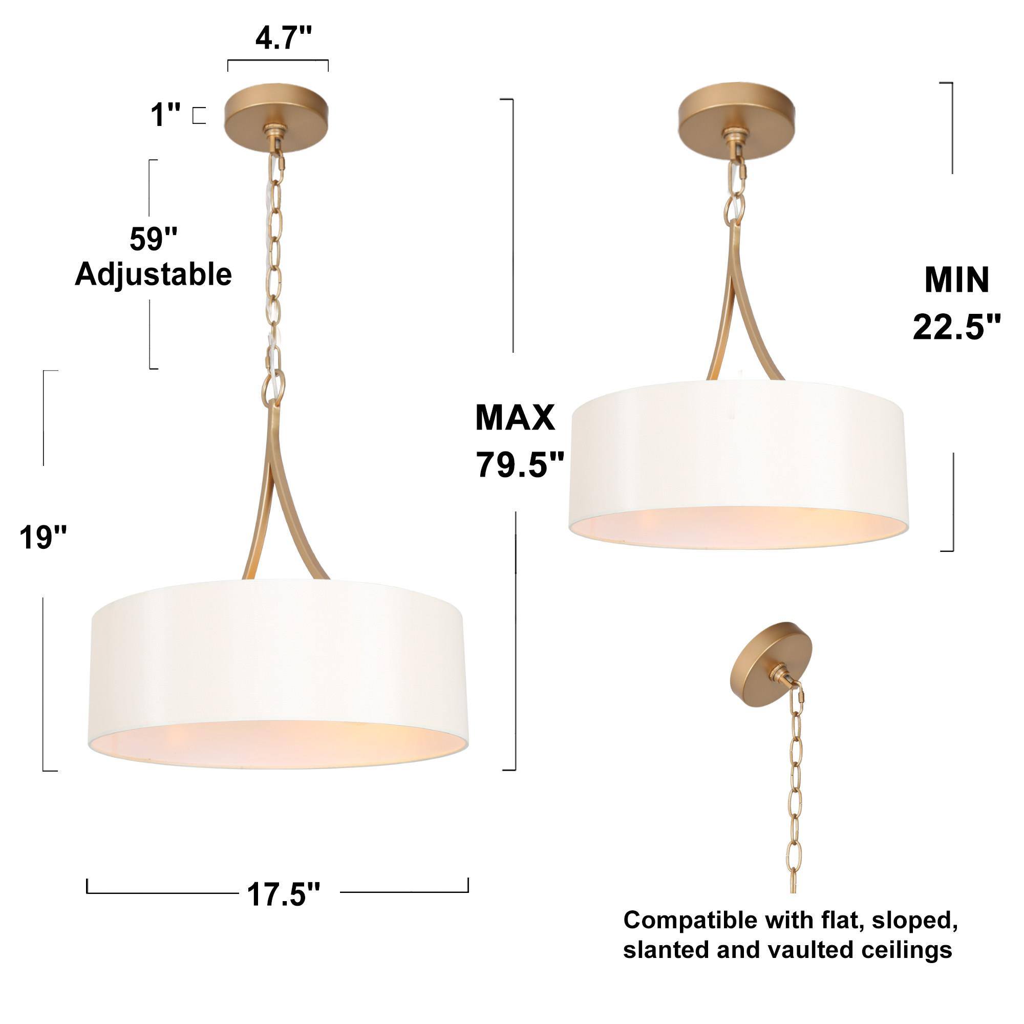 Rafa Matte Gold Drum Pendant Light with White Fabric Shade