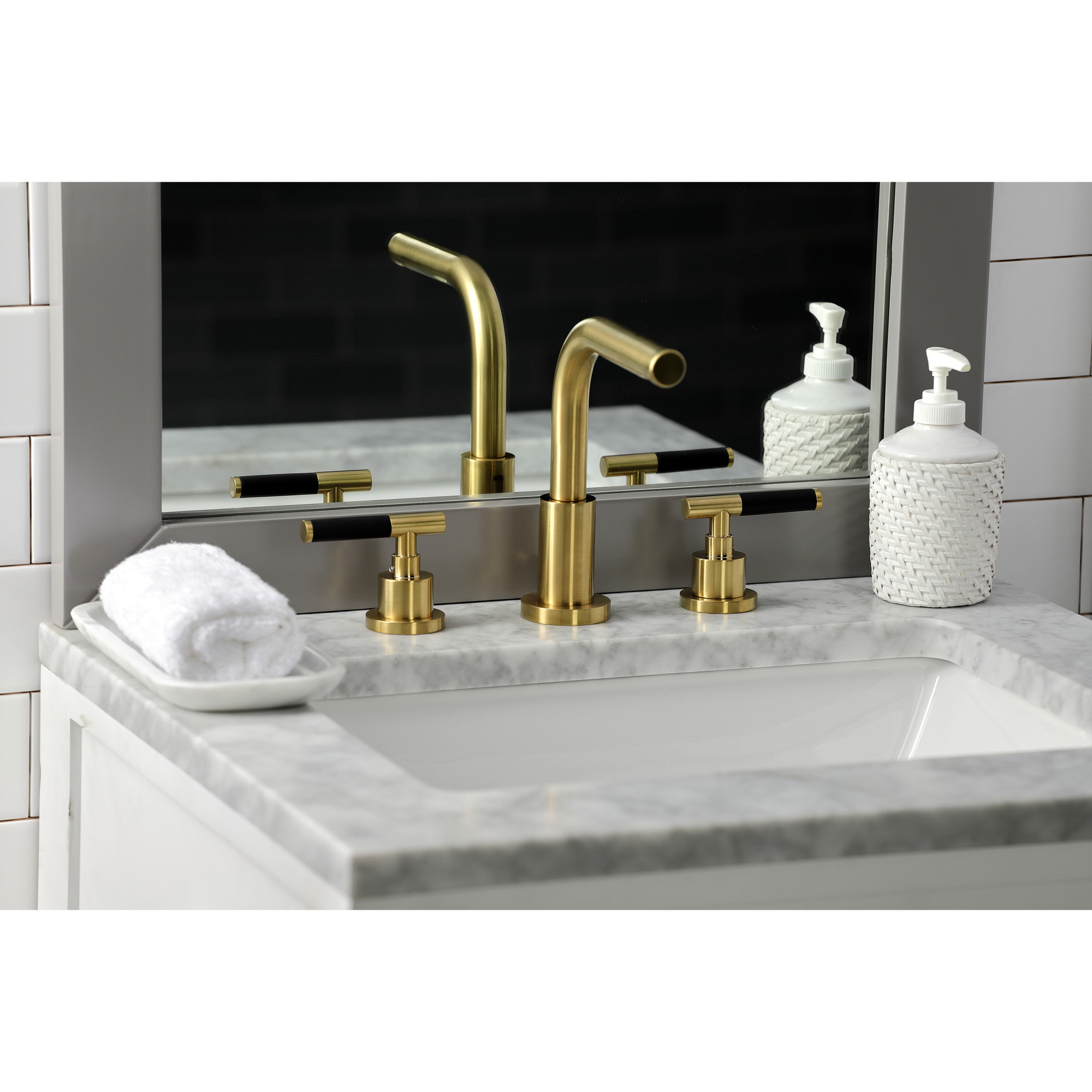 Kingston Brass WLFSC8953CKL Kaiser Brushed brass Widespread 2-handle High-arc Residential Handle Bathroom Sink Faucet with Drain