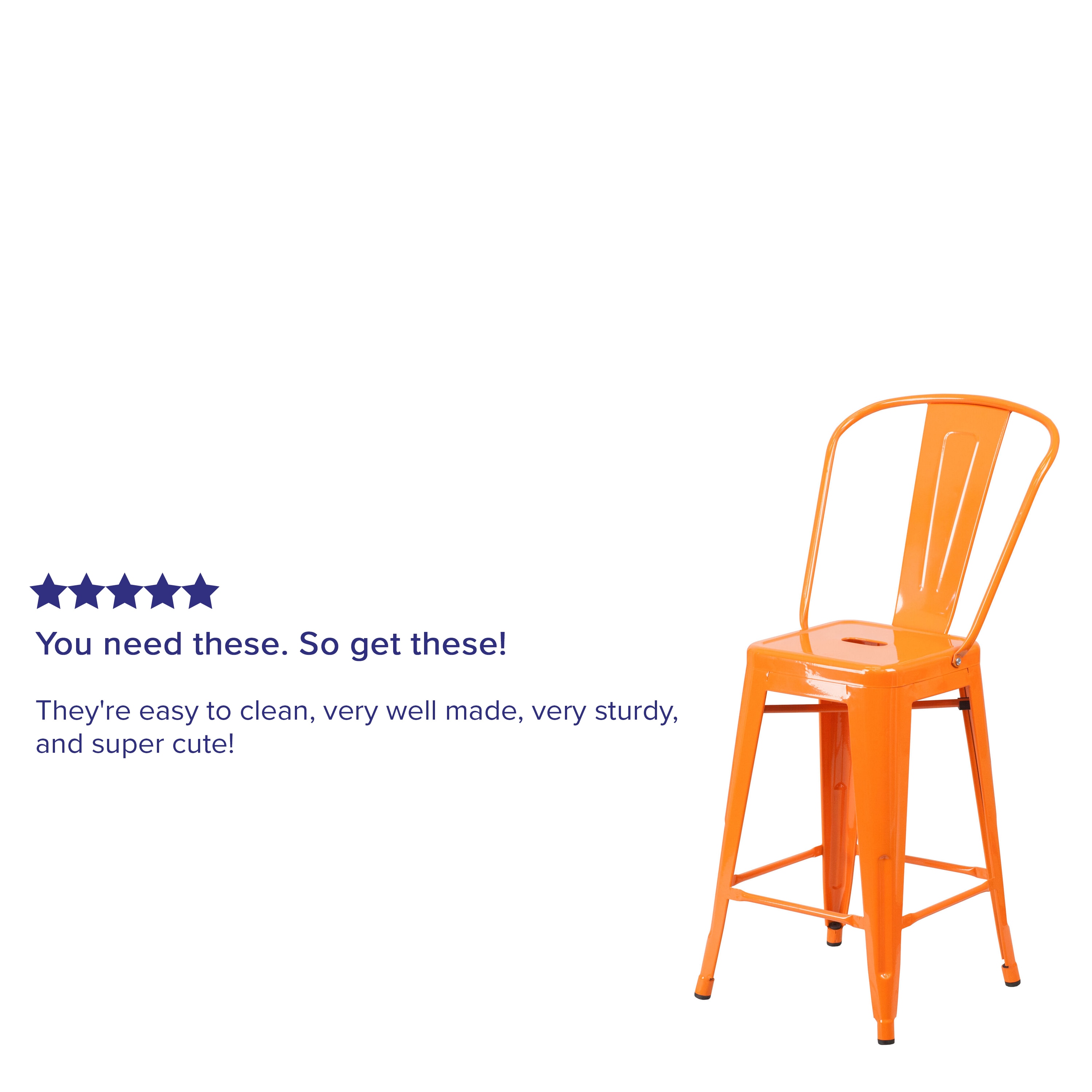 24" Orange Metal Indoor-Outdoor Counter Height Stool with Back