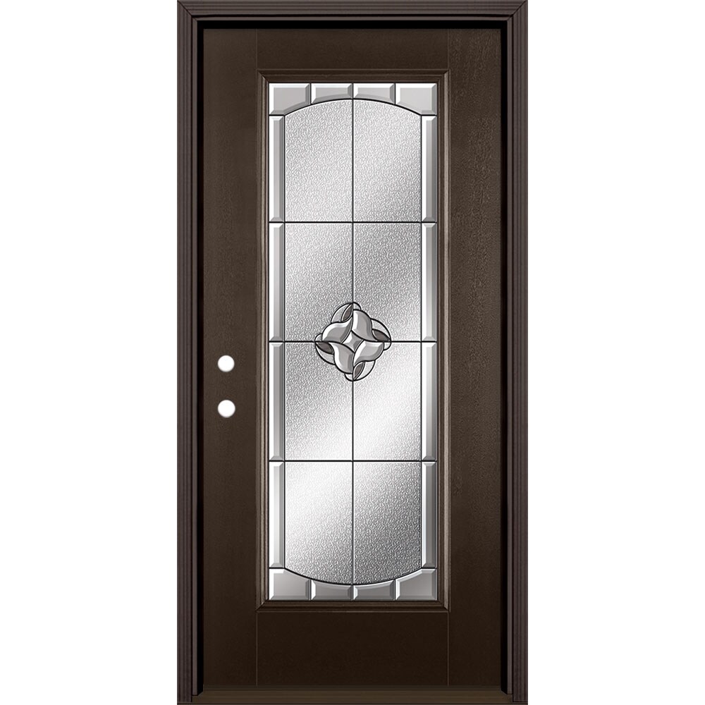 Masonite 3422974 Rozet 36-in x 80-in x 4-9/16-in Fiberglass Full lite Right-hand inswing Walnut Stained Prehung Single door Front Door with Brickmould Insulating core Decorative glass