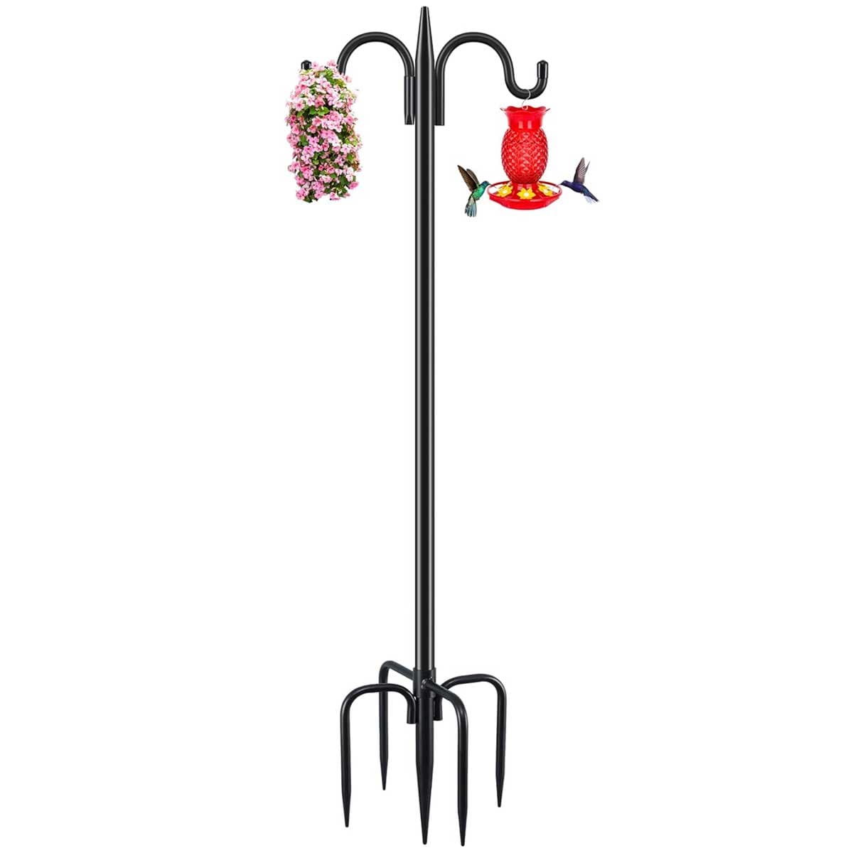 Aoibox  Double Shepherds Hook 92 inch Adjustable Height 1 Pack Heavy Duty Iron Garden Pole with 5 Prongs for Bird Feeder Planter Lantern