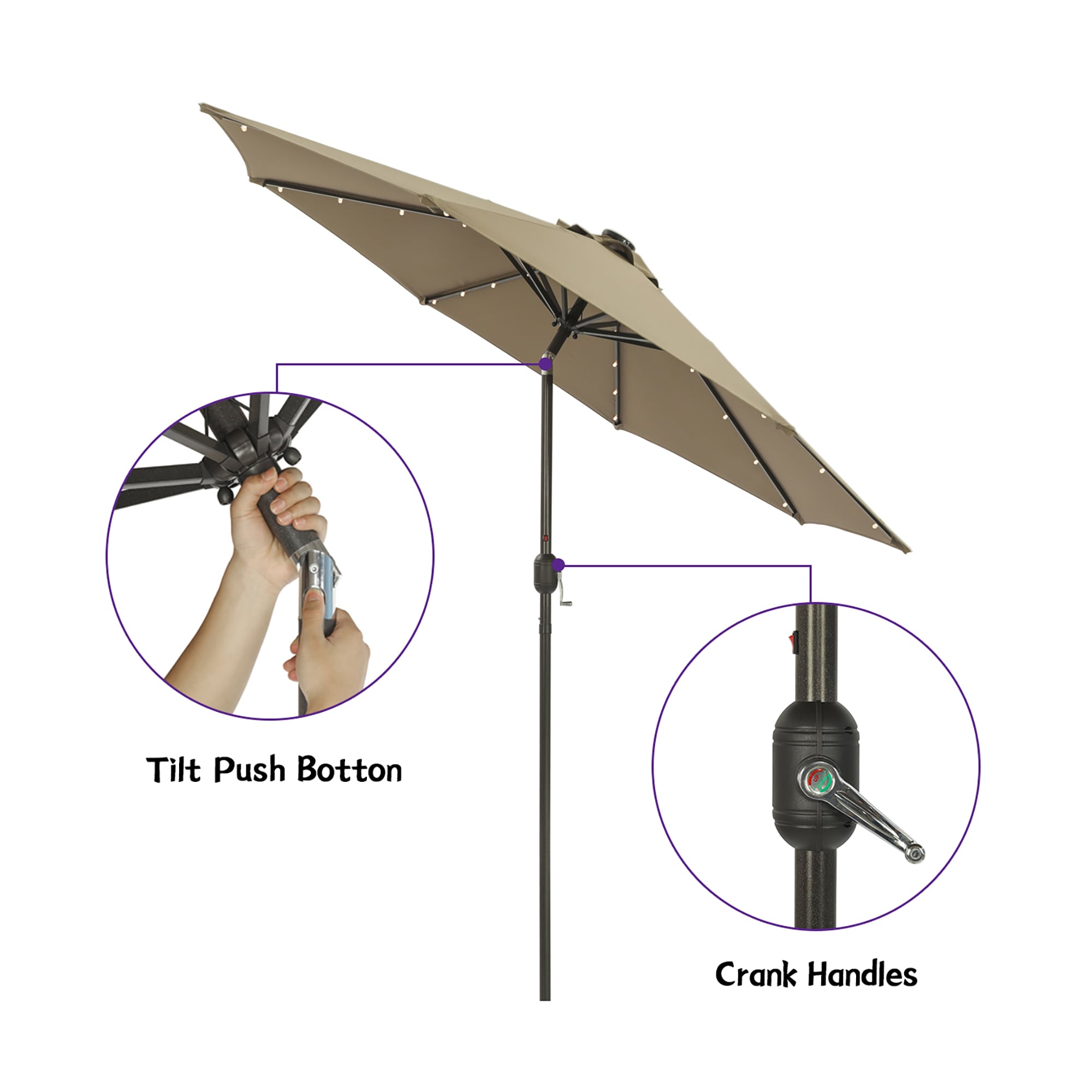 CASAINC 9-ft Tan Solar Powered Crank Market Patio Umbrella in the