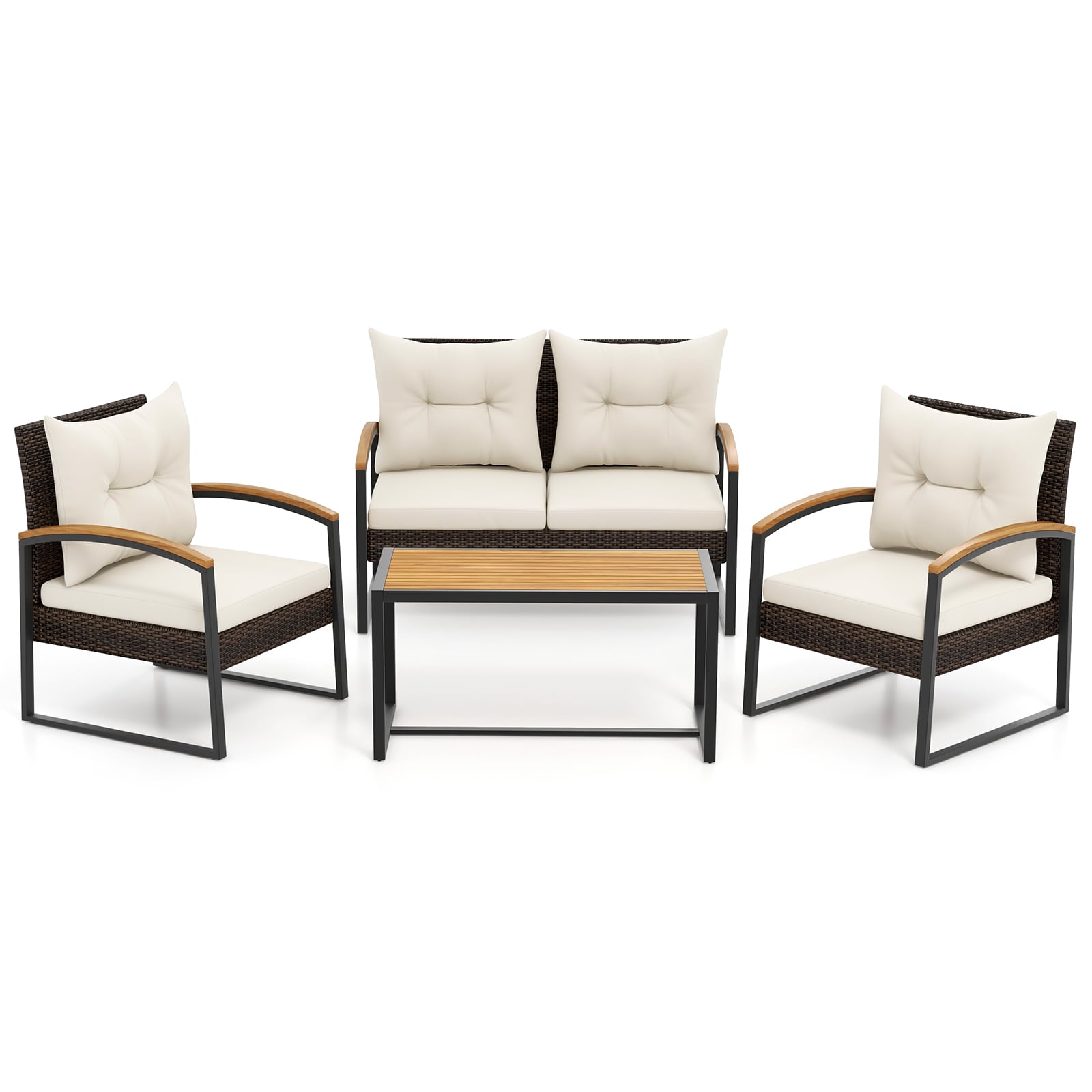 Slickblue D-CO-+HW60327WH 4-Piece Rattan Patio Conversation Set with 2 Armrests Chairs 1 Loveseat and 1 Coffee Table White Cushions Included for Patio Backyard Poolside