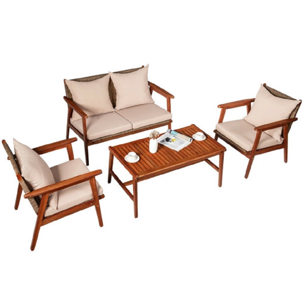 WELLFOR OUS68969BNA+ 4 -Piece Rattan Patio Conversation Set with Brown Cushions