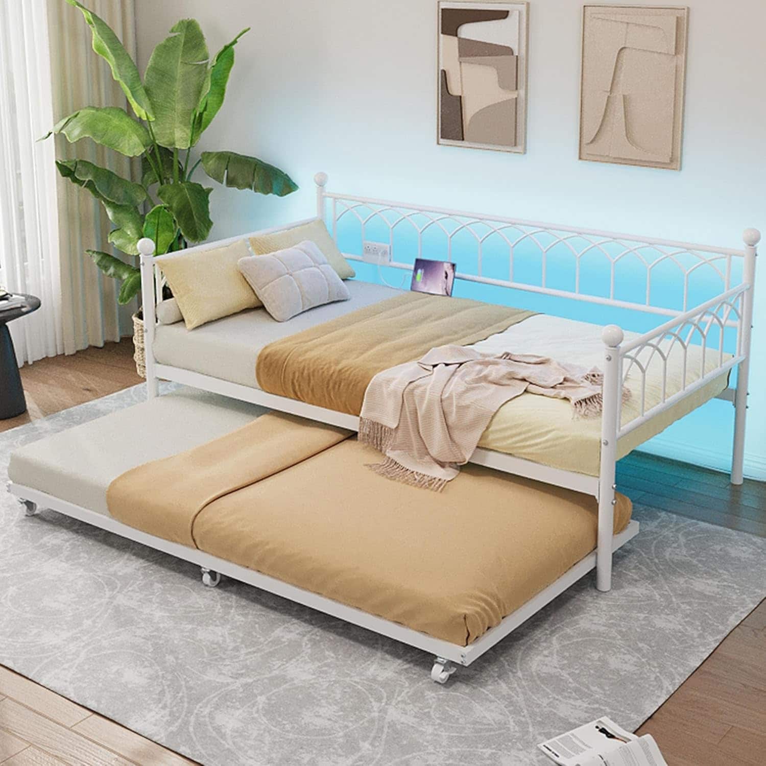 Qeetex CCPHO-354NEG6J Twin Daybed with Trundle Convertible 2 in 1 Sofa Charging Station RGB LED Lights Metal Sleeper Black