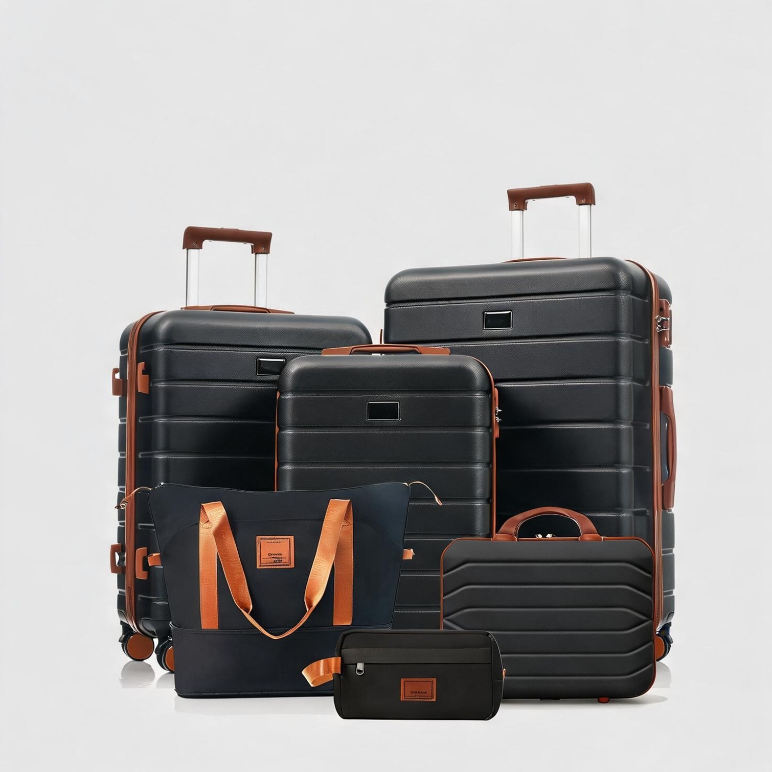 Watnature Jet Black ABS Hardside Luggage Set for Family Trips 6-Piece Spinner Collection | ZZFVCTJSDNUO