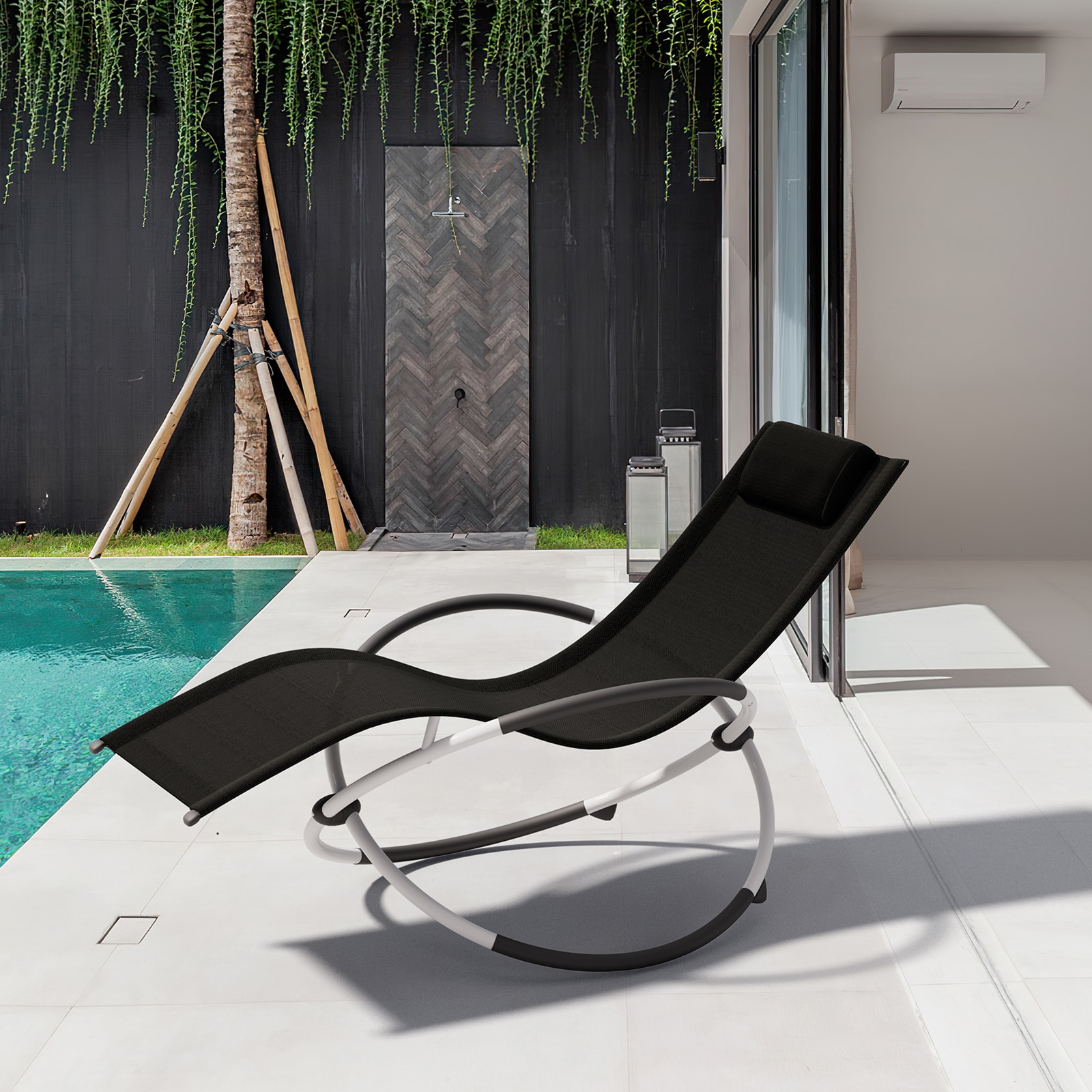 JEAREY PEGBZ-39 Foldable Outdoor Rocking Chair Stackable BLACK Iron Frame Rocking Chair with Black Mesh Seat