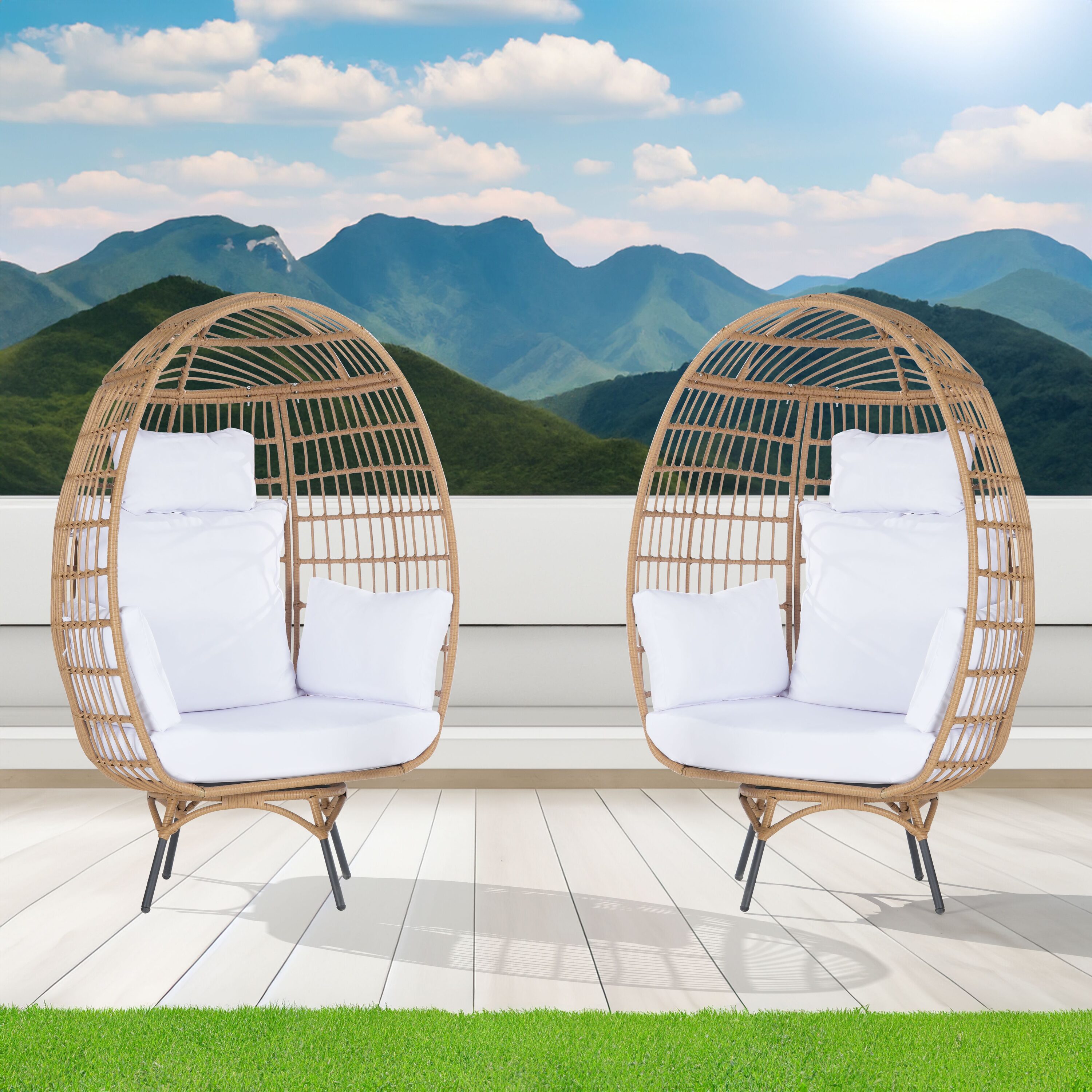 SANSTAR L-RJDC62WT-BB Patio Chairs Set of 2 Wicker Gray Rattan Frame Spring motion Egg Chair with White 220gsm Polyester Cushioned Seat