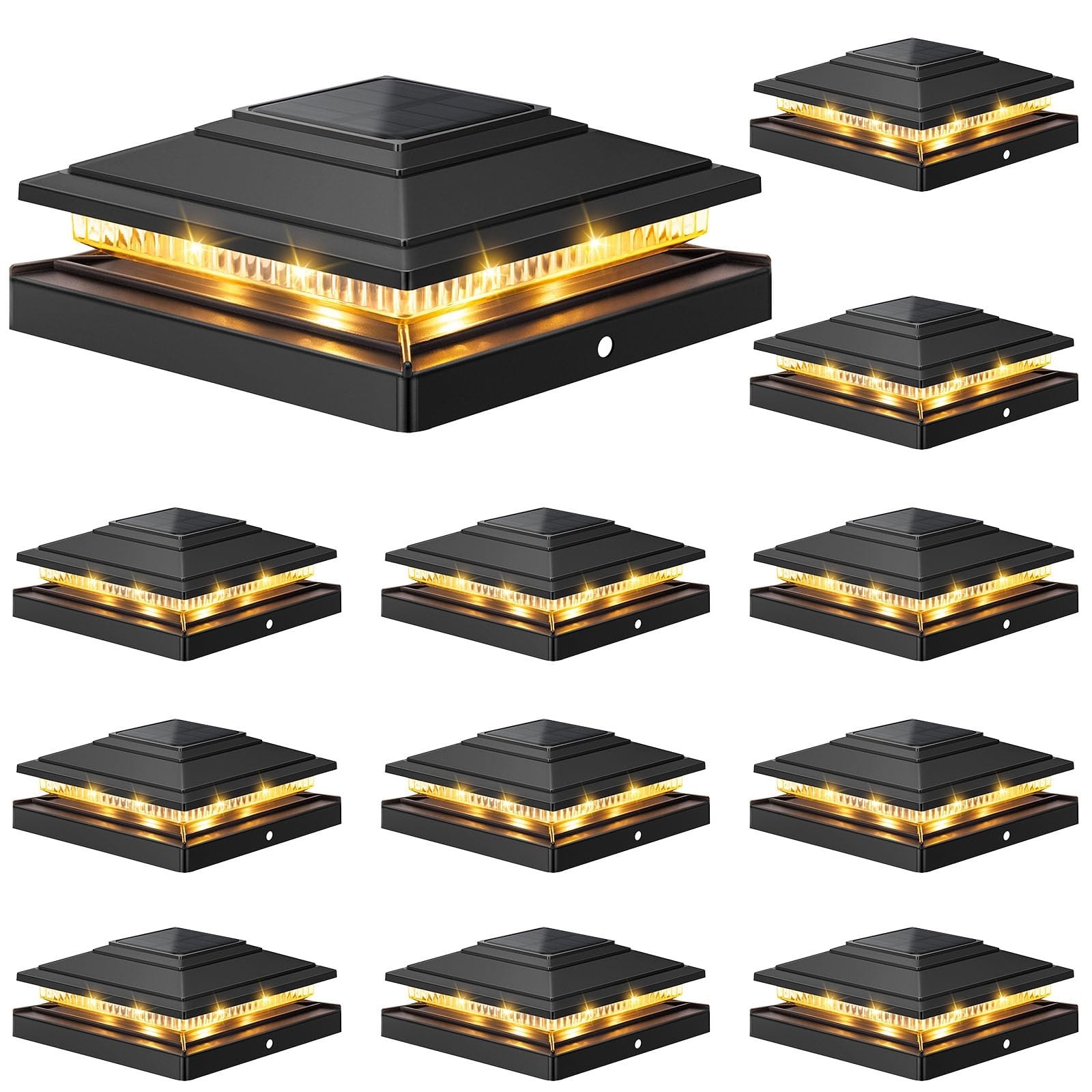 Lukvuzo  12-Pack Solar Post Cap Lights Black IP64 Waterproof 16 LED for 4x4 5x5 6x6 Wood Vinyl Fence Deck Two Light Modes Outdoor Patio Yard