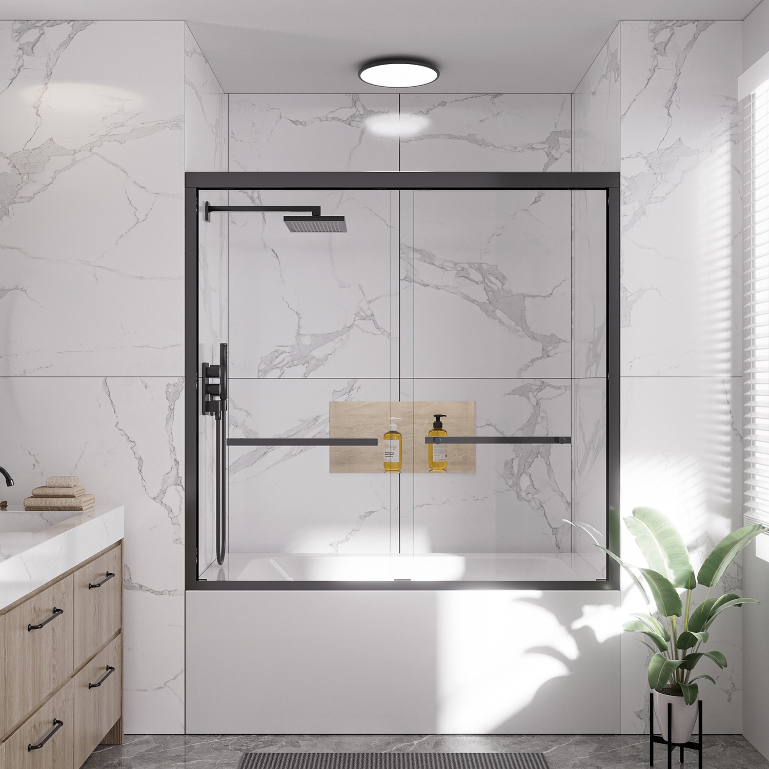 Yuaris 56-60 in. W x 58 in. H Double Sliding Framed Shower Tub Door with Nano-Coated Easy-Clean 1/4 in. Clear Tempered Glass in Matte Black