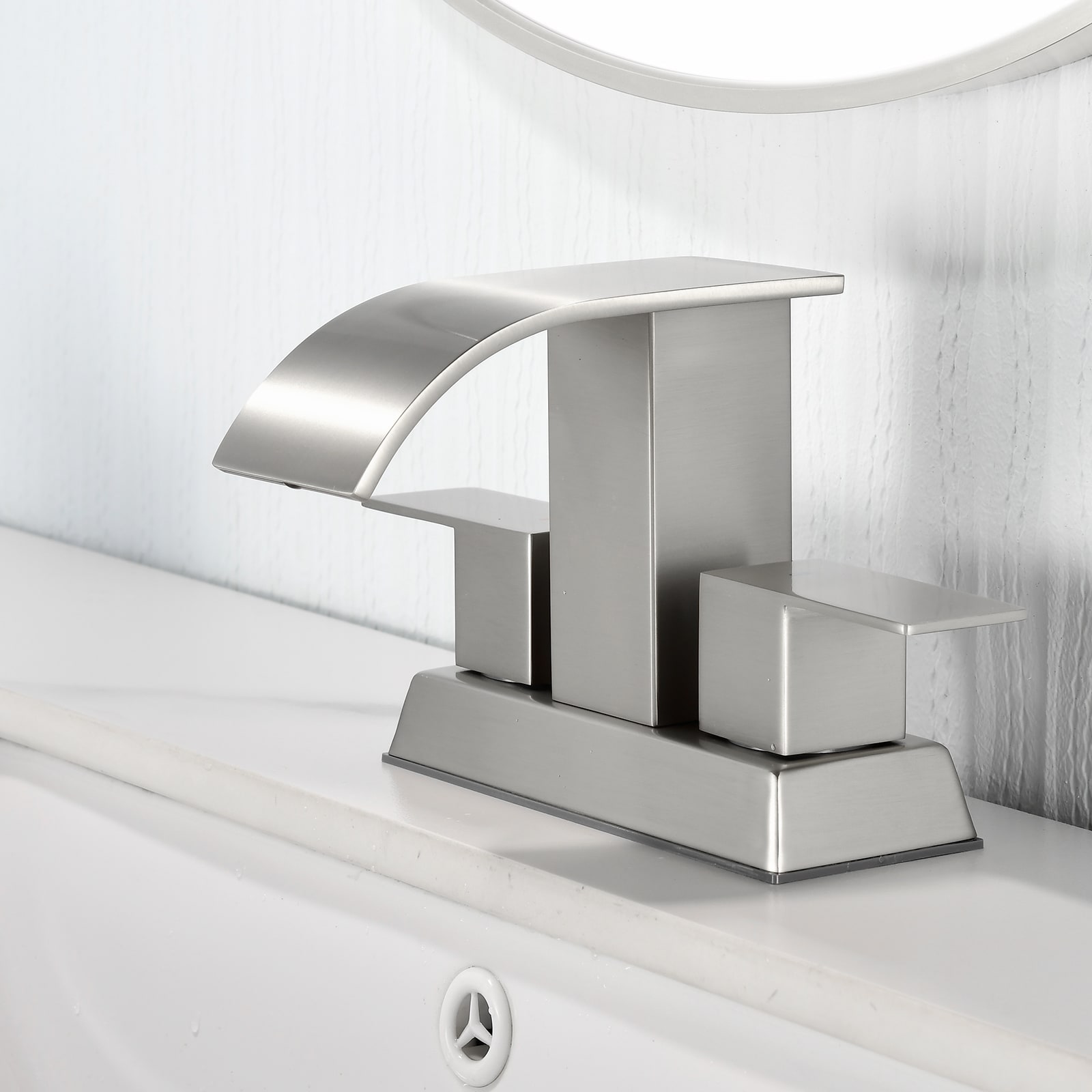 Dimakai - 4 Inch Centerset Waterfall Bathroom Faucet with Dual Handles and Pop Up Drain Brushed