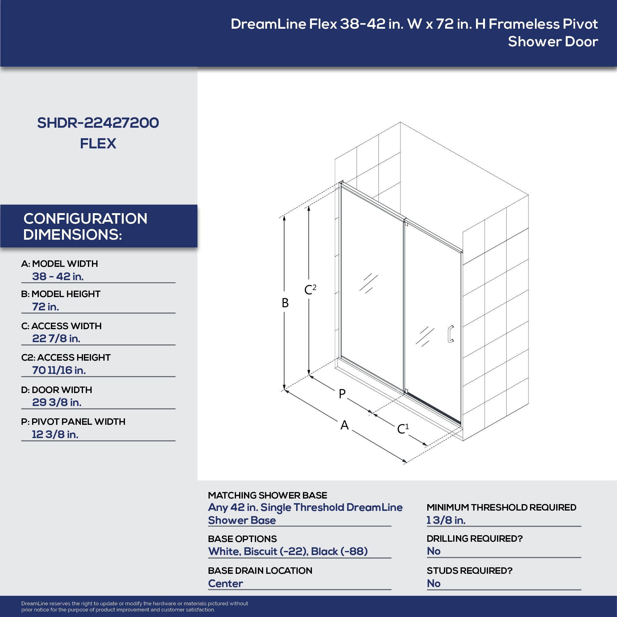 DreamLine Flex Chrome 38-in to 42-in W x 72-in H Semi-frameless Pivot ...