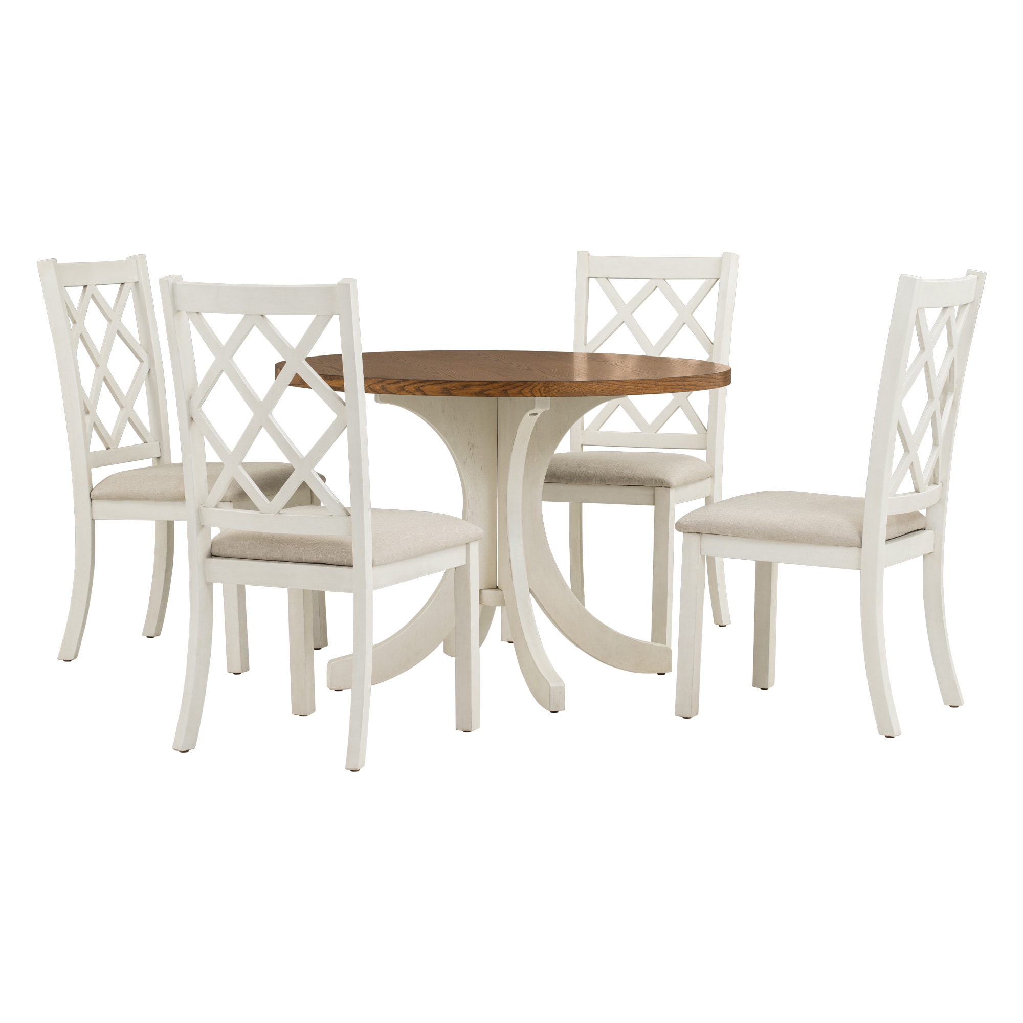 SINOFURN SYA010562BG Beige + Walnut Traditional Dining Room Set with Round Table ( Seats 4 )