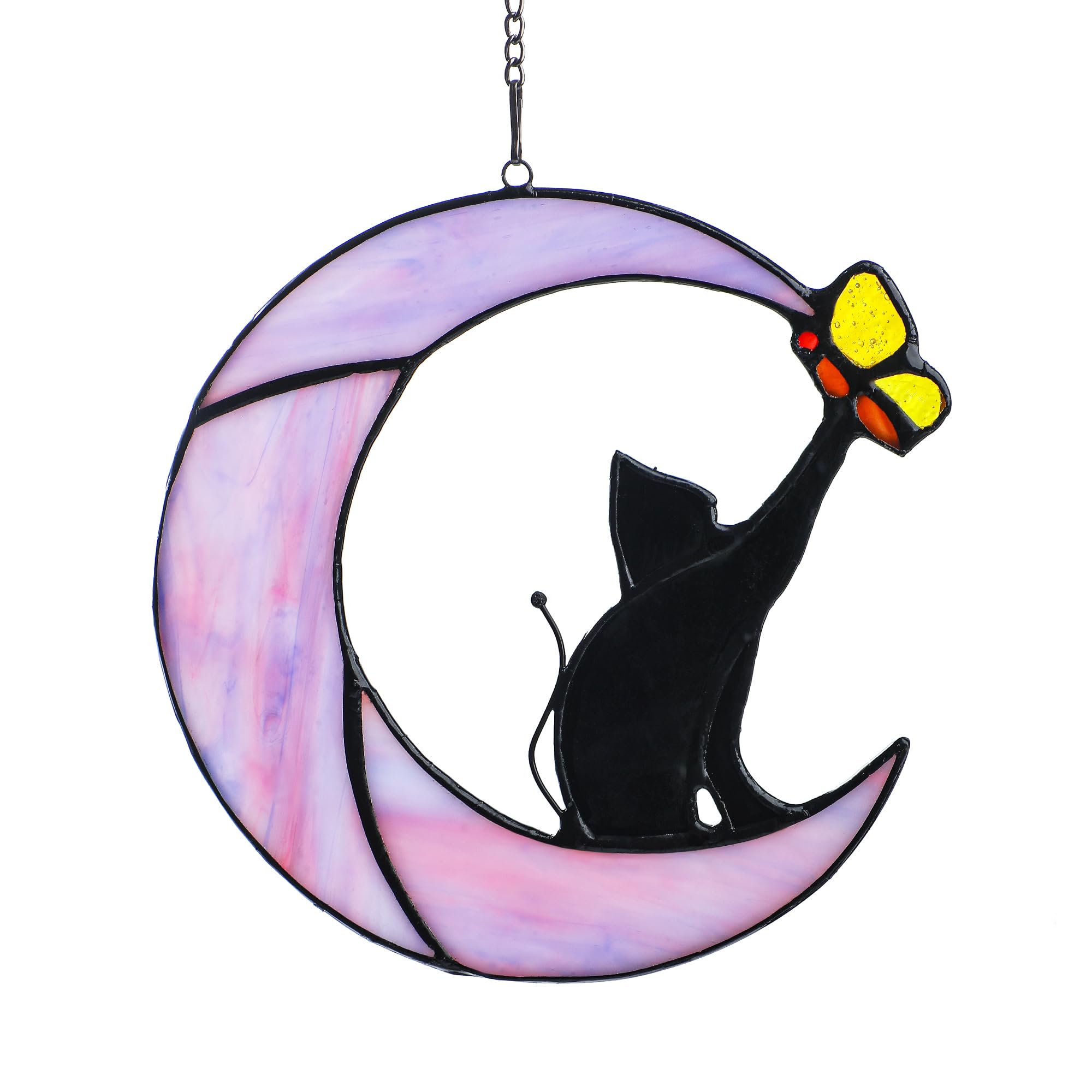 Justincity  Black Cat Purple Moon Stained Glass Window Hanging Suncatcher for Women Cat Lovers Home Garden Patio Kitchen Decor Easy Hanging Gift