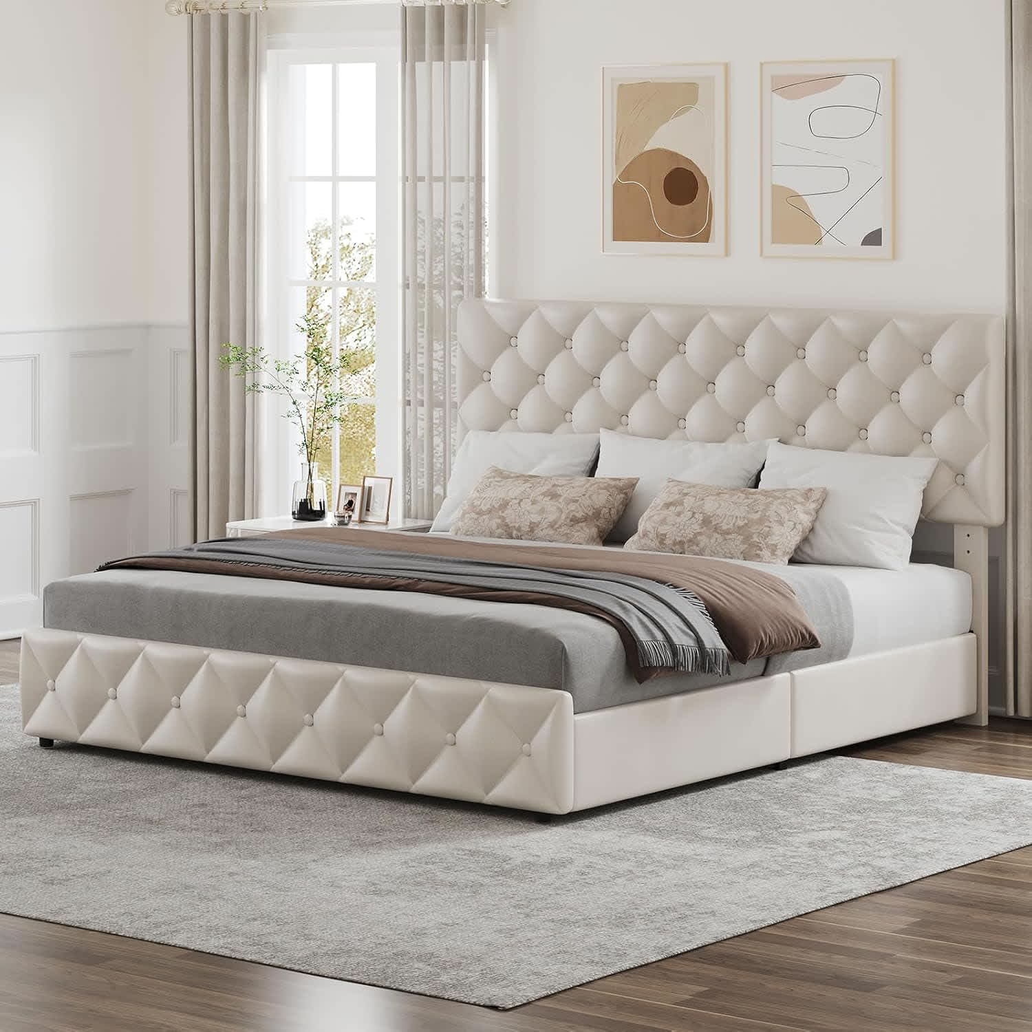 Qeetex LHF-BED-PHO-0ZIEGK1D King Size Bed Frame with 4 Storage Drawers and Adjustable Headboard Faux Leather Upholstered Platform Bed Frame Diamond Stitched Button Tufted No Box Spring Needed White