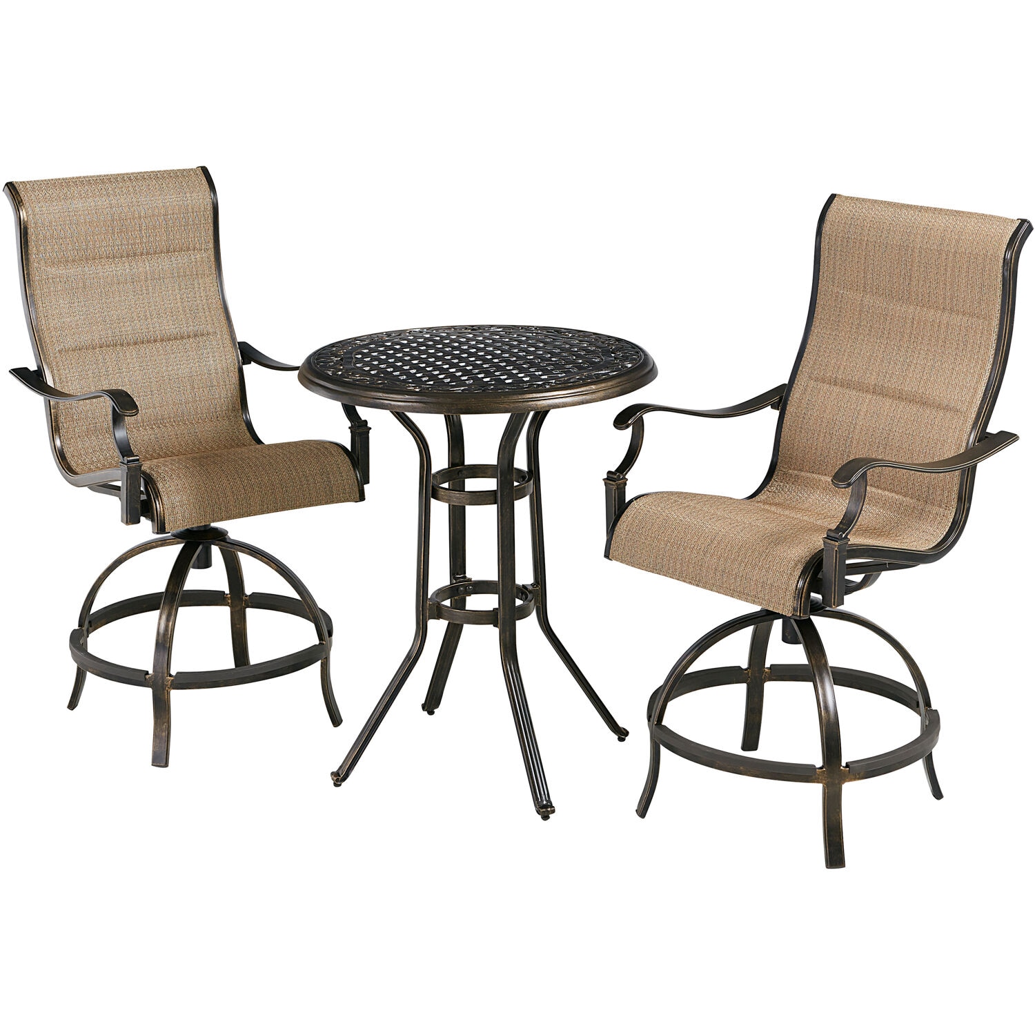 Hanover TRADDN3PCPDBR-TAN Traditions 3 -Piece Bronze Bar Height Patio Dining Set Aluminum Round Table with 2 Tan Swivel Chairs