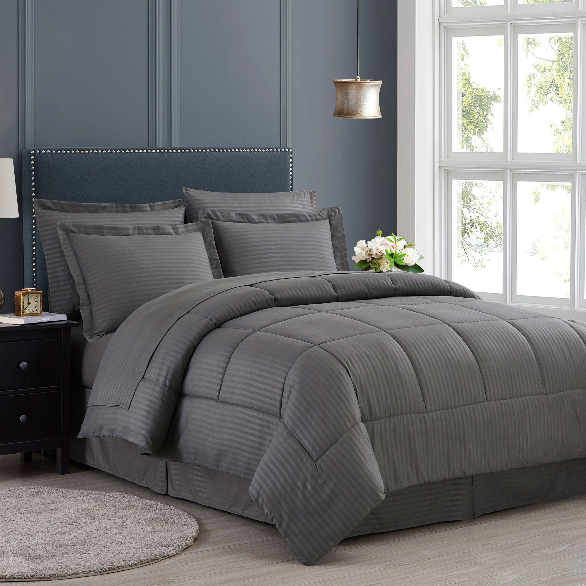 Sweet Home Collection 8 Piece Embossed Dobby Stripe All Season Bed in a Bag Set Queen Gray