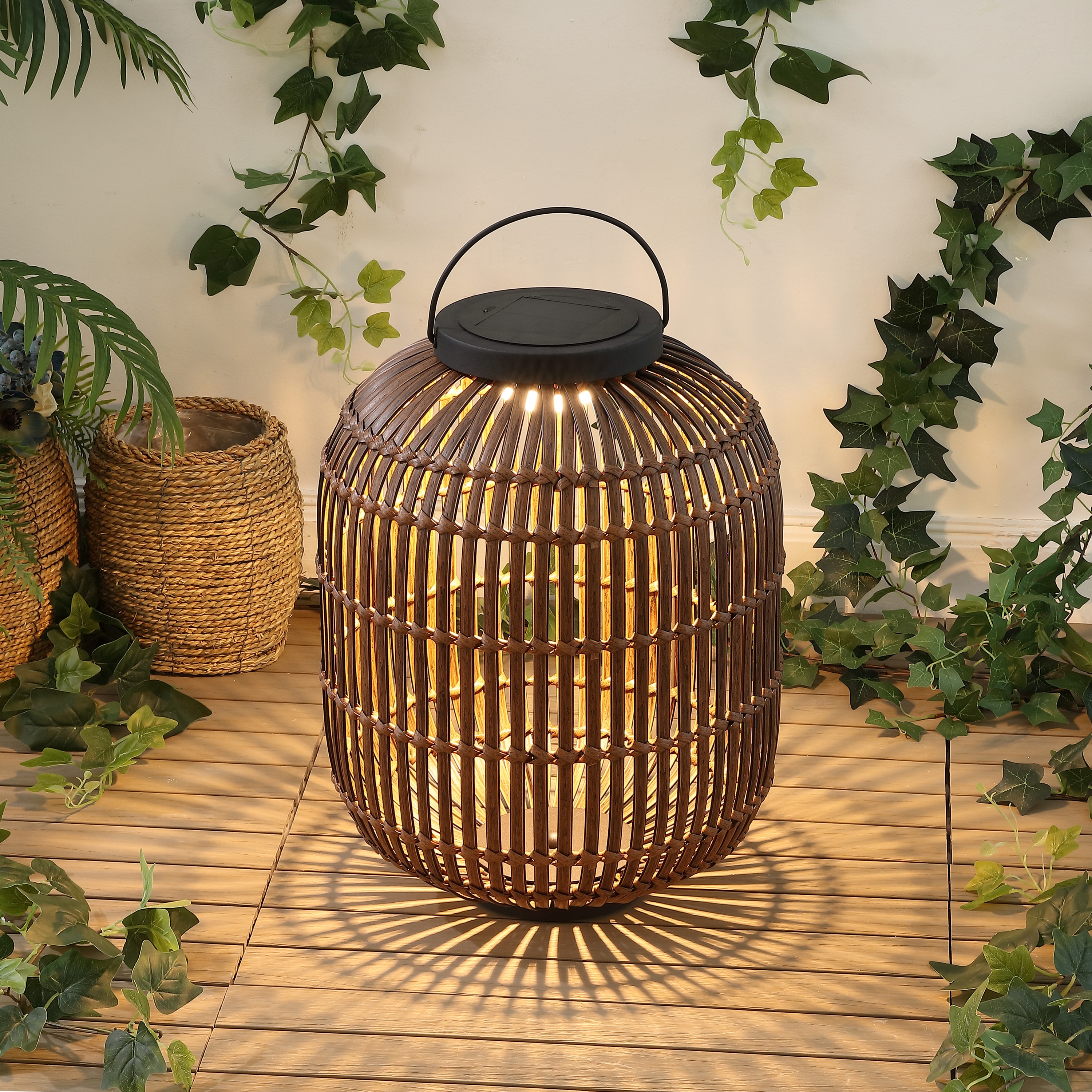 JONATHAN  Y 16-in x 20.25-in Light Brown/Black Plastic LED light Outdoor Decorative Lantern
