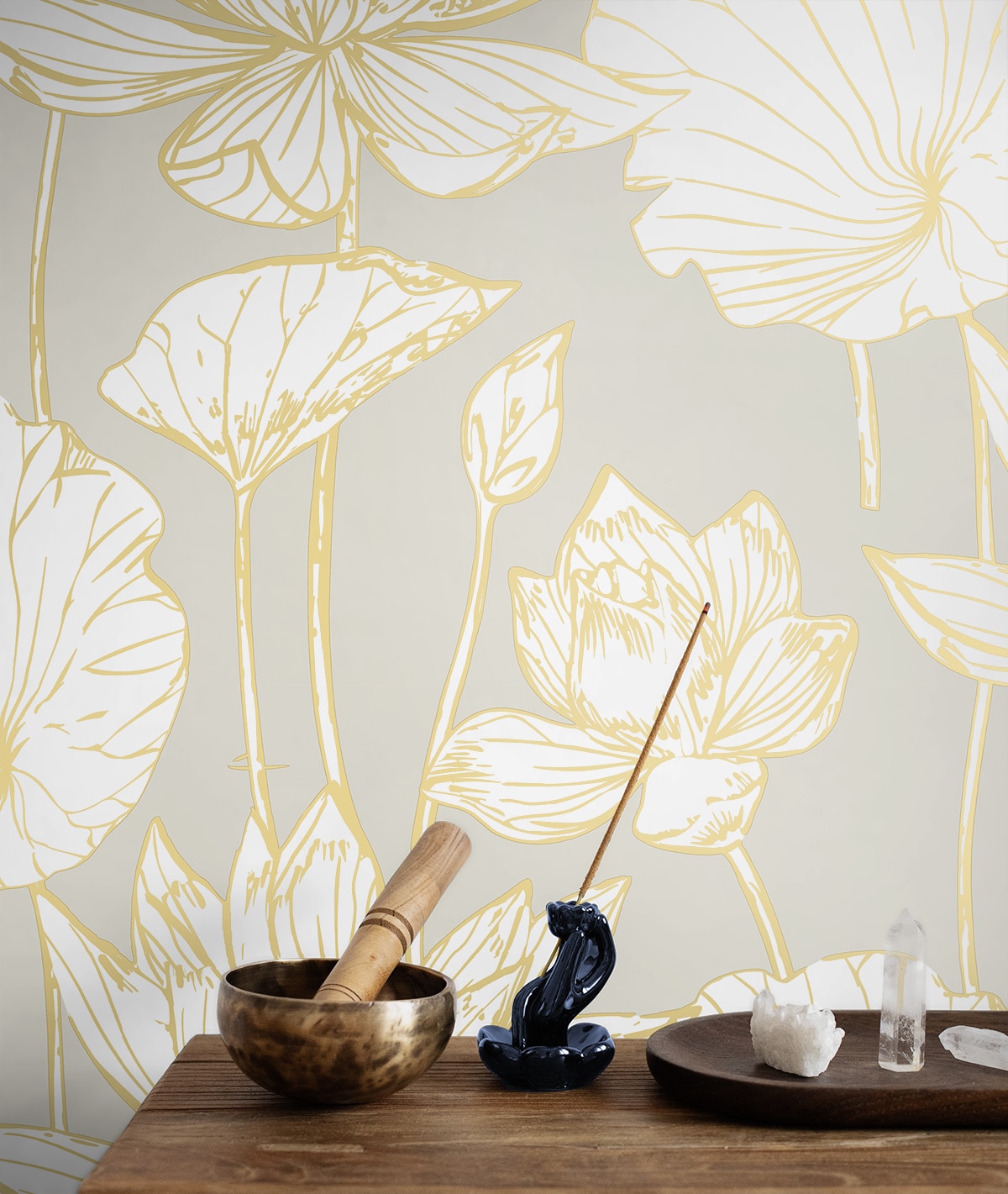 Metallic Gold and Gray Lotus Floral Peel and Stick Wallpaper