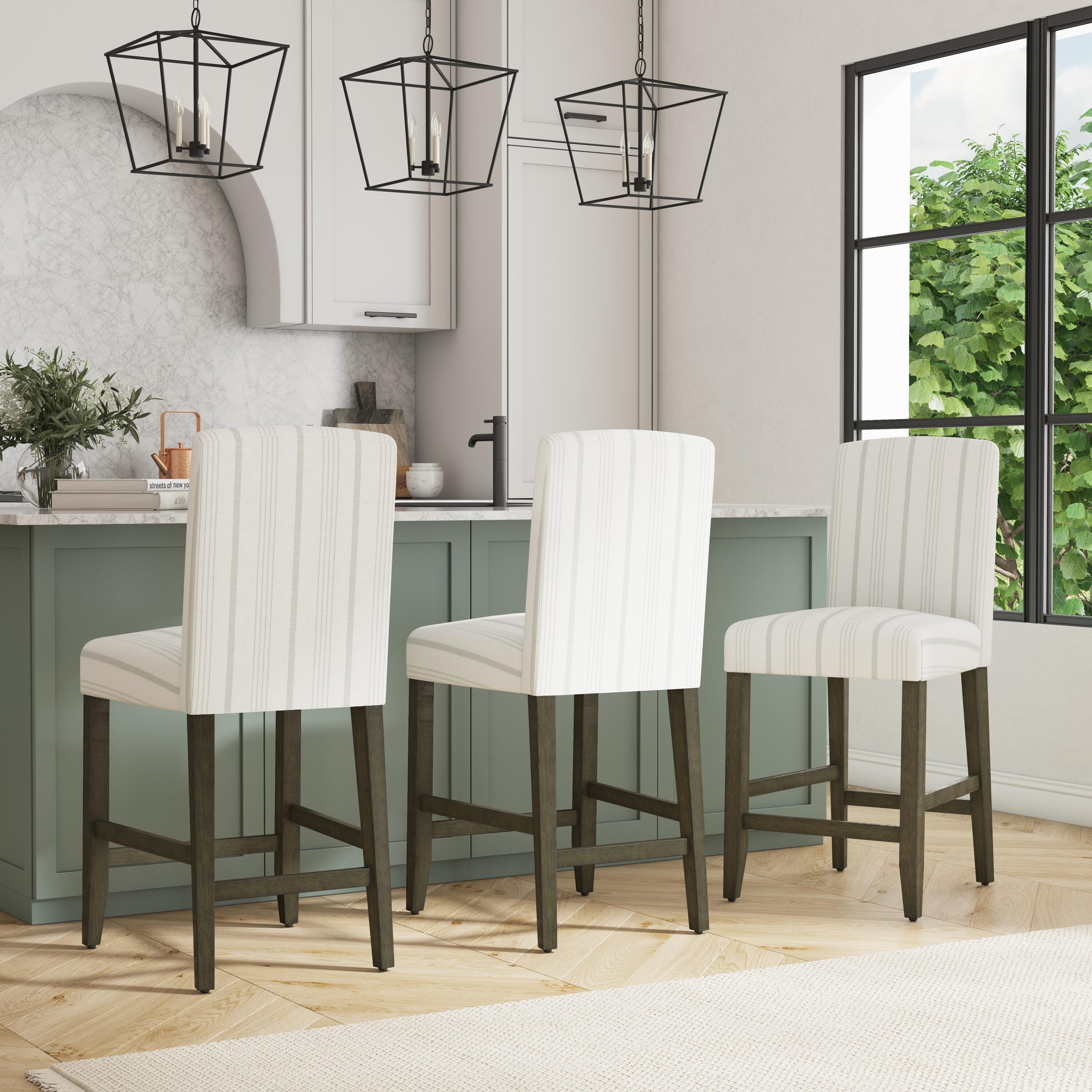 HomePop K7576.24-F2231 Curved Back 1 Barstool Dove Gray Stripe 25-in H Counter height Square seat Upholstered Wood Bar Stool and Back