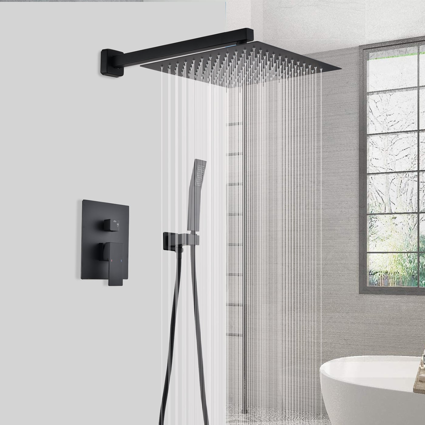 Shower Faucet Black With Round Rain Shower Hand Head Shower Set With Shelf  Bathroom
