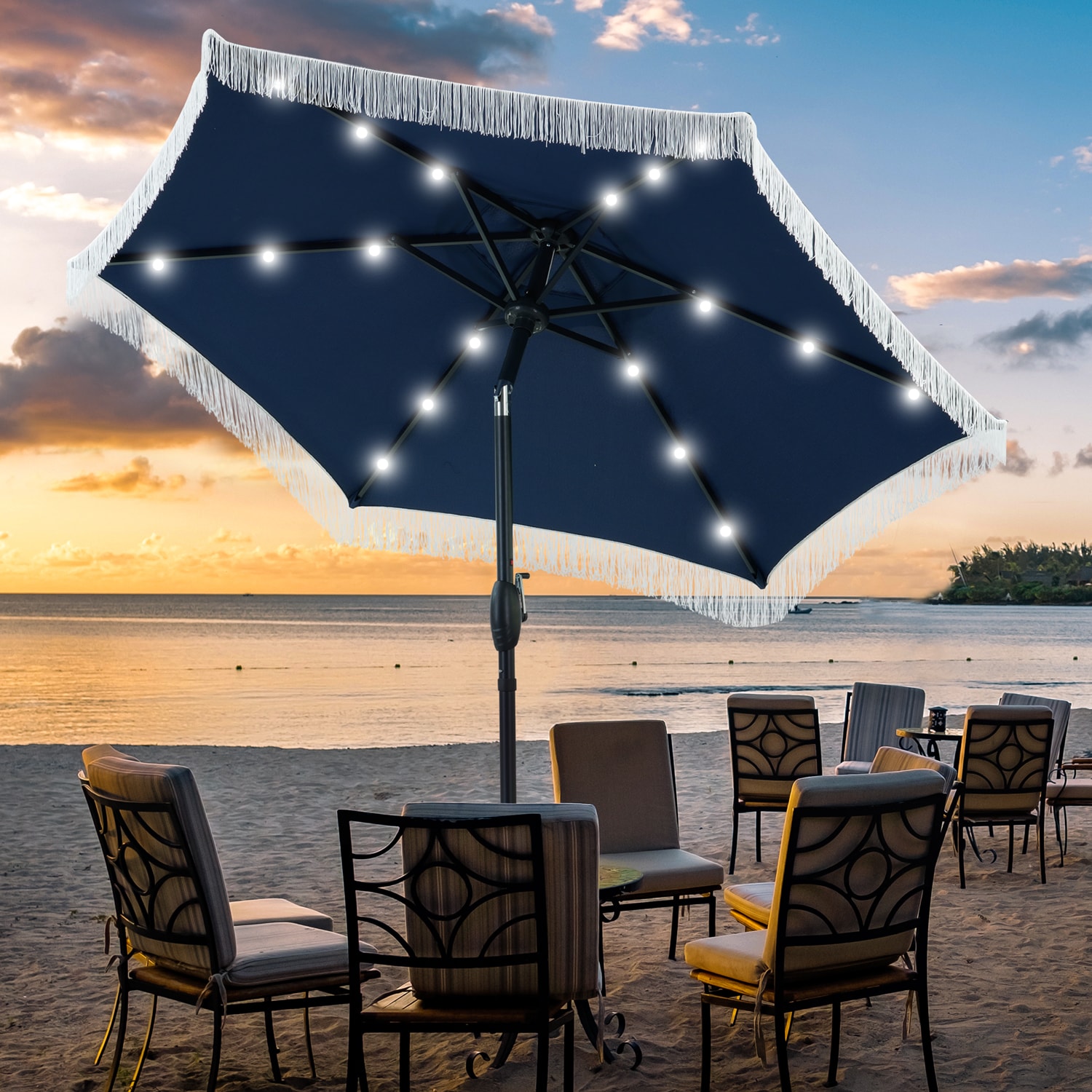 Ainfox 047AF-NB 7-ft Steel Navy Push-button Tilt Market Patio Umbrella with Lights
